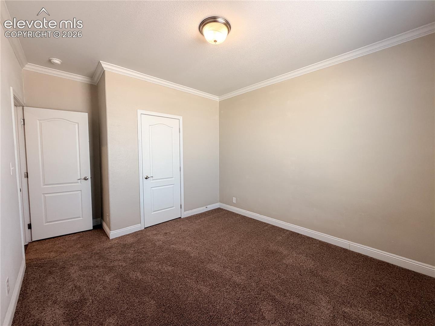 Room interior featuring neutral wall paint, crown molding, wall-to-wall carpeting, two interior doors, and a flush-mount light fixture