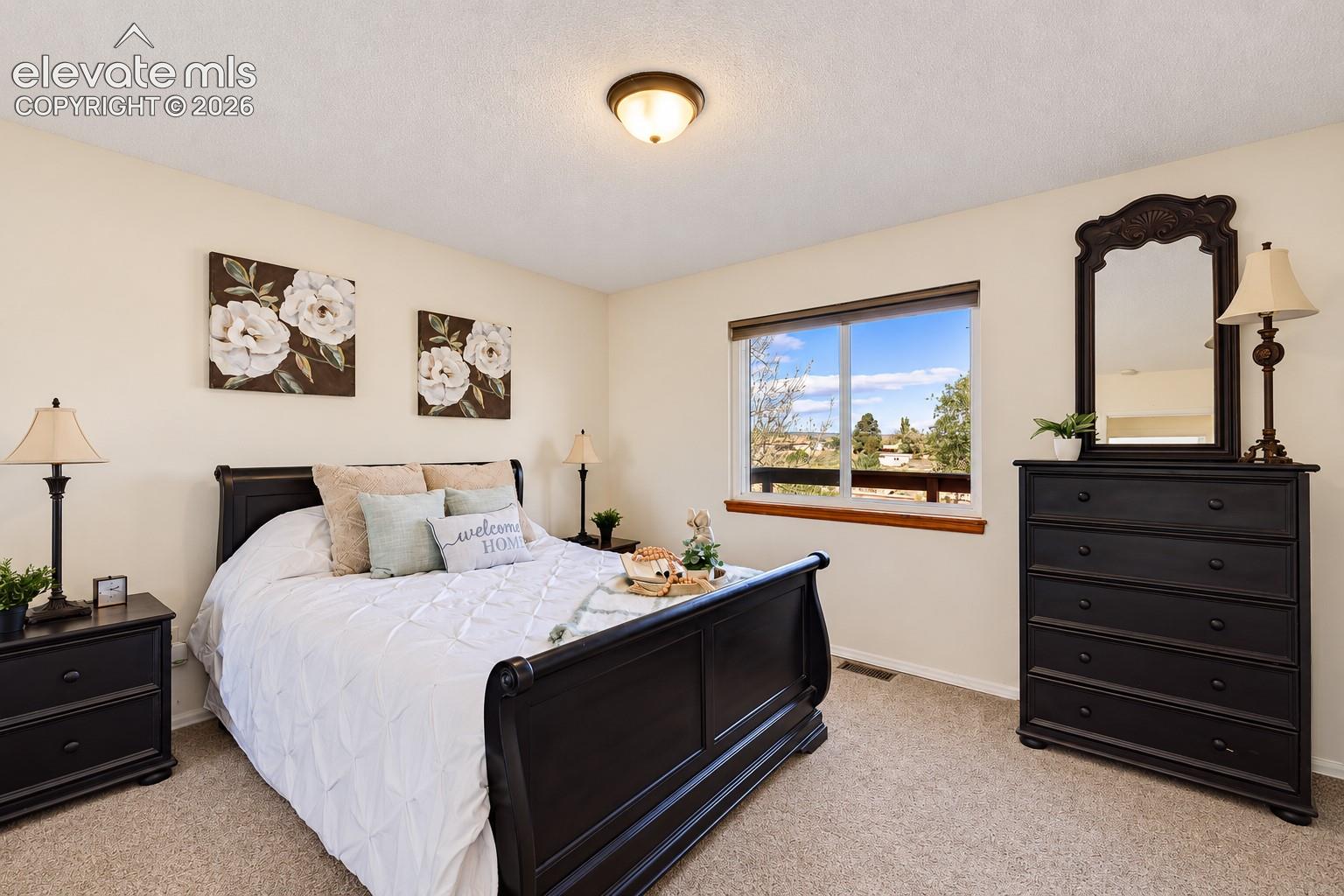 Neutral wall tones, carpeted flooring, and a large window featuring outdoor scenery