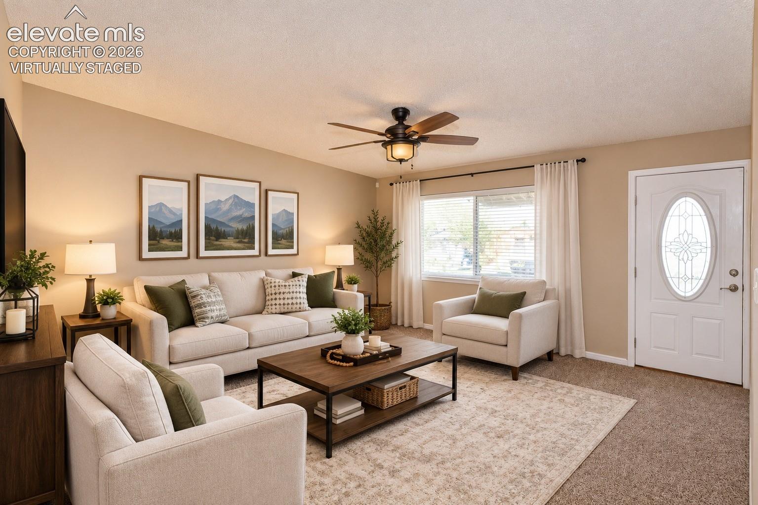 Virtually Staged Neutral wall paint, plush carpeting, ceiling fan with light fixture, window with drapery hardware, and front entry door with an oval glass insert