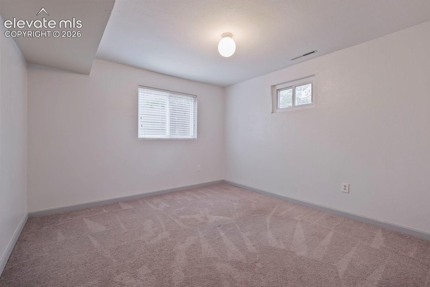 Carpeted room featuring two windows with white trim, a flush-mount ceiling light, and white painted walls
