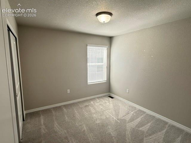 Textured wall finish with neutral paint, wall-to-wall carpeting, and a ceiling-mounted light fixture