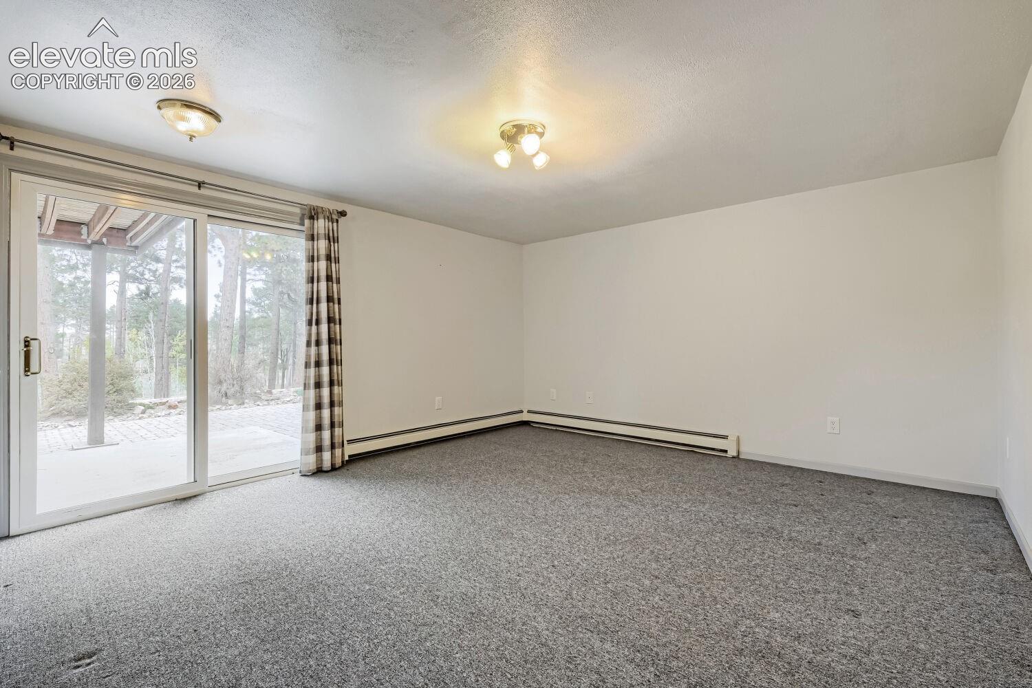 Sliding glass door, wall-to-wall carpeting, and overhead lighting