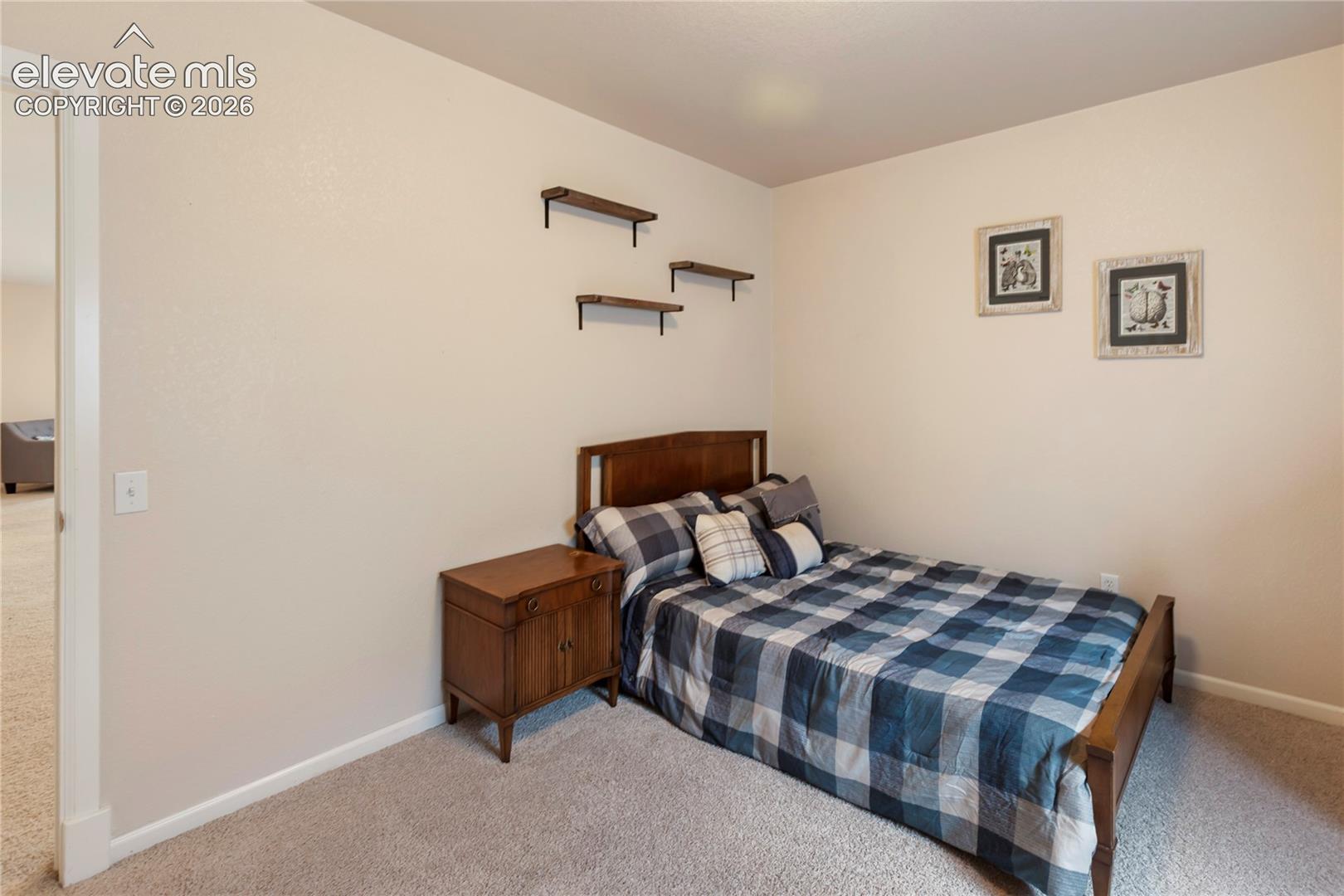 Carpeted room featuring light-toned walls and a built-in wooden shelving unit