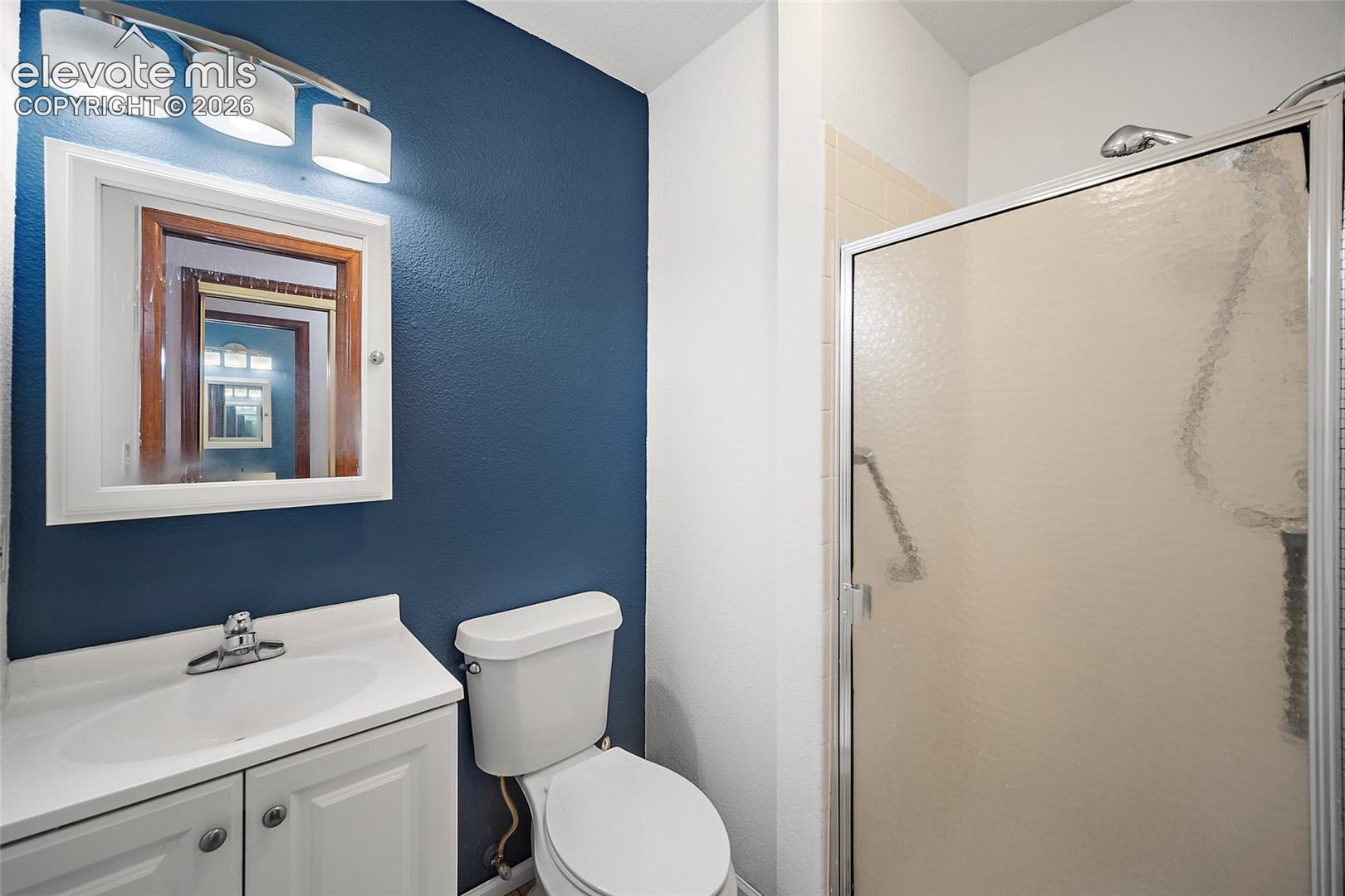 Bathroom featuring a single vanity with storage, a white toilet, and a stand-up shower with a textured glass door