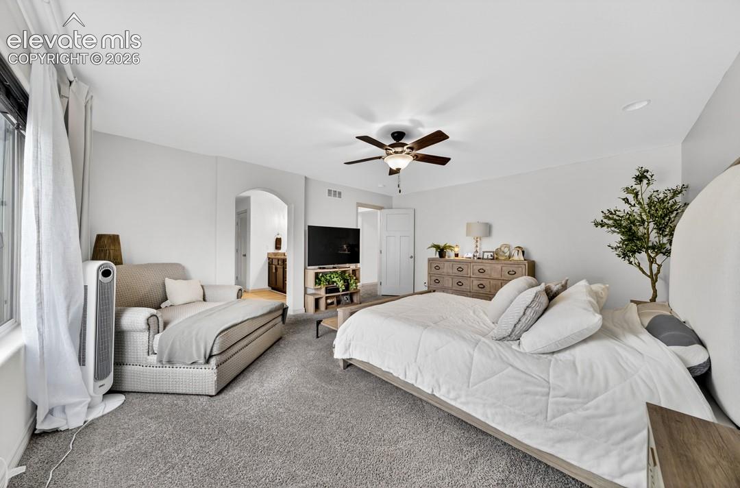 New carpet, oversized room, ceiling fan, adjoining bath, oversized walk-in closet