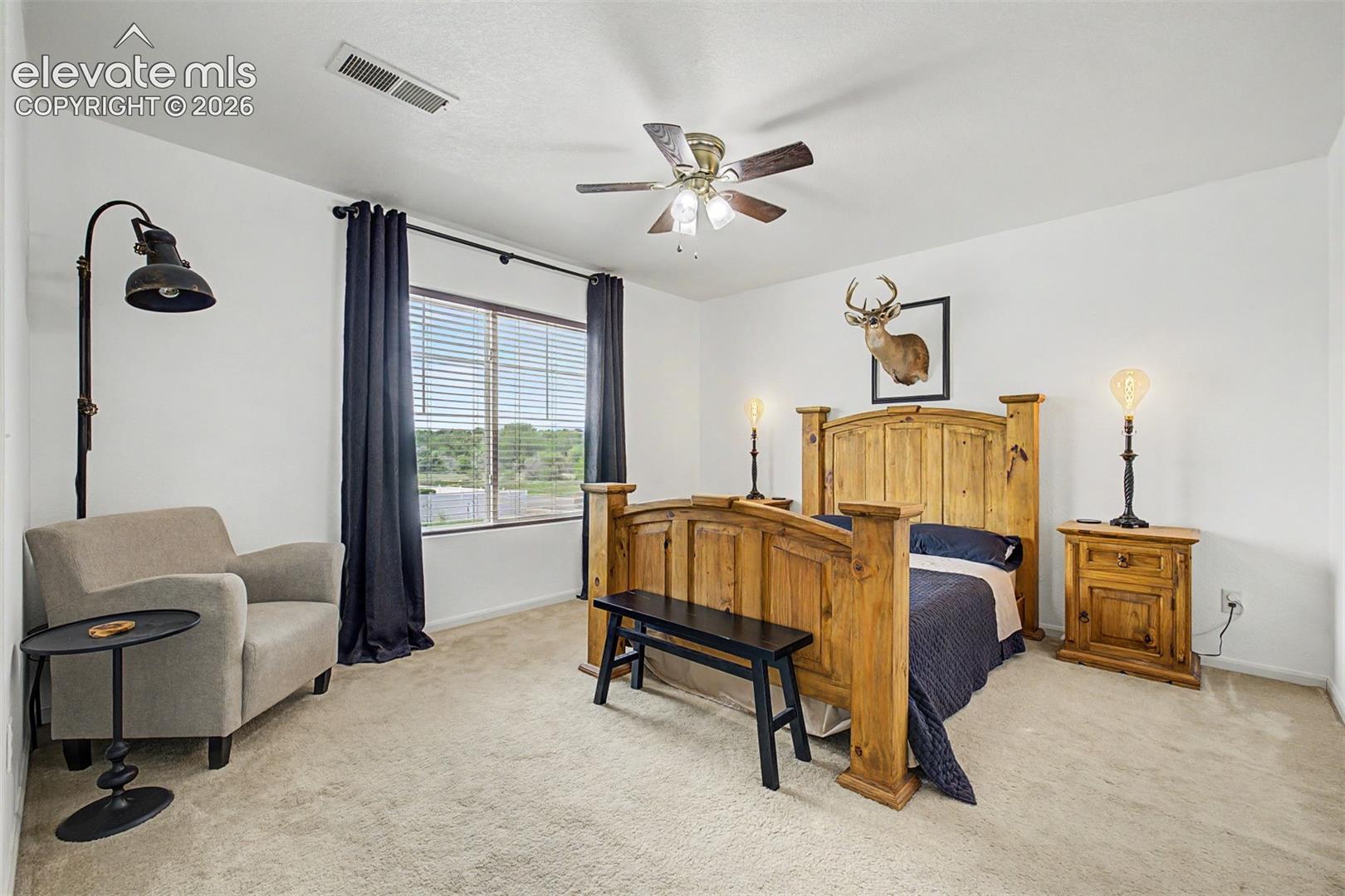 This well-proportioned bedroom offers comfortable square footage, soft carpet, and a warm aesthetic that carries the home's rustic-lodge spirit into every sleeping space.