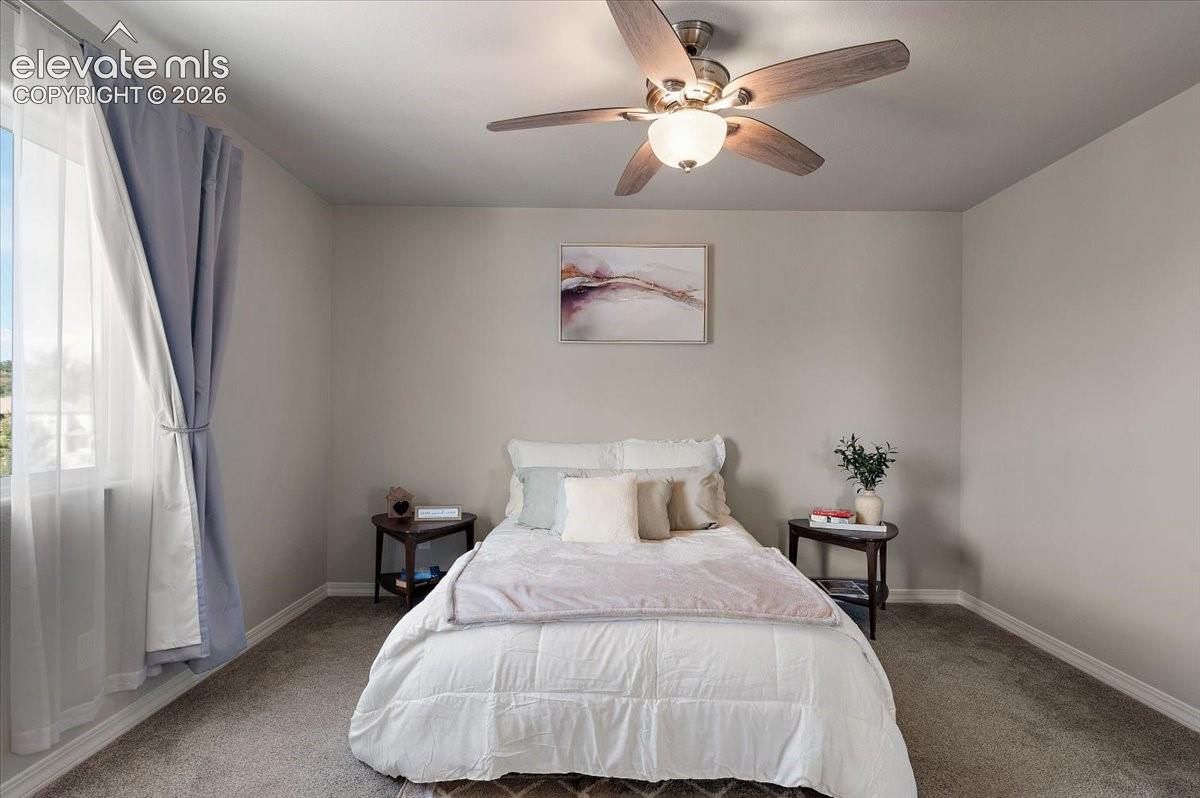 Carpeted room with a ceiling fan light fixture, natural light from a window with sheer and blackout curtains, and neutral wall tones