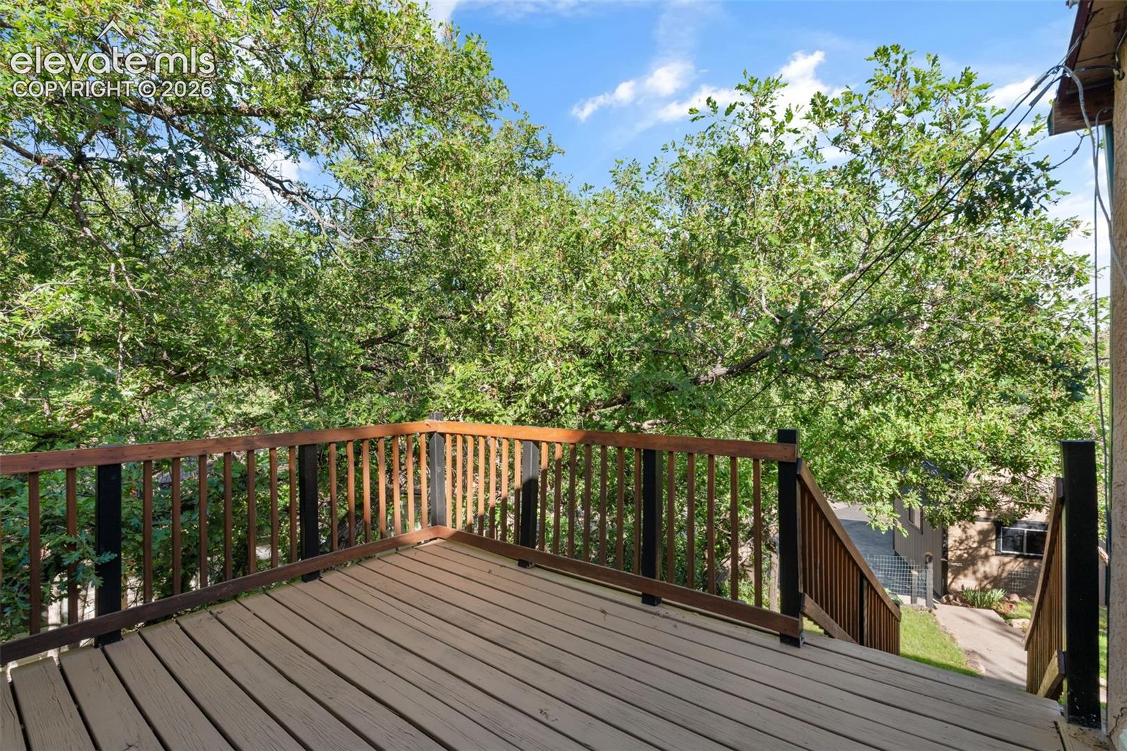 Spacious outdoor deck with composite decking and wood railing, surrounded by mature trees