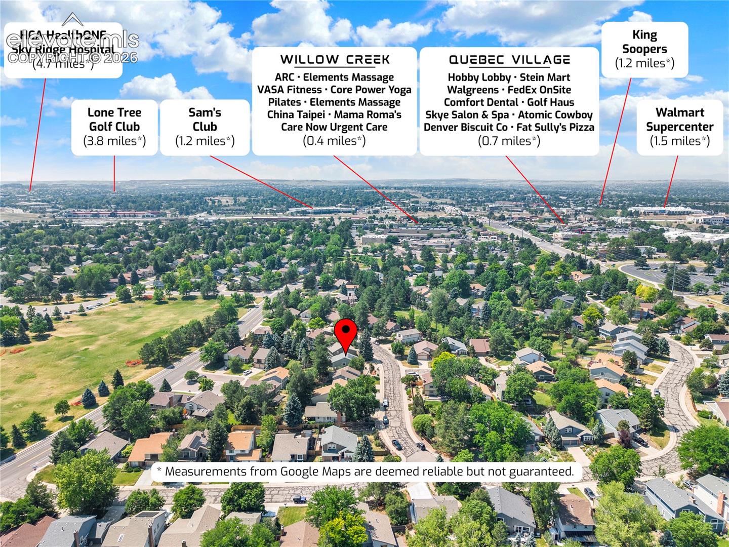 Aerial perspective of a residential neighborhood featuring mature trees, interspersed green space, and proximity to regional retail and medical facilities