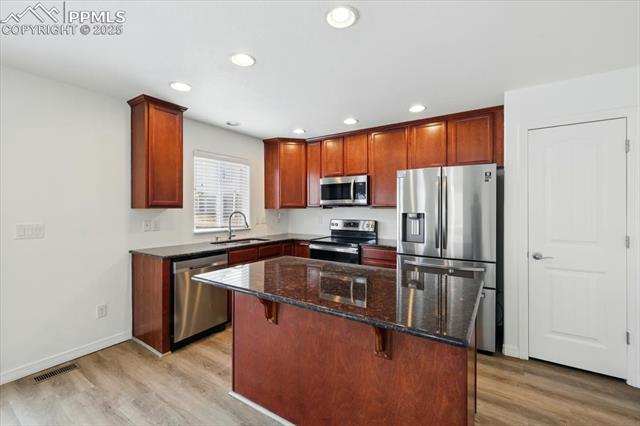 Kitchen with appliances with stainless steel finishes, a sink, light wood finished floors, recessed lighting, and dark stone countertops