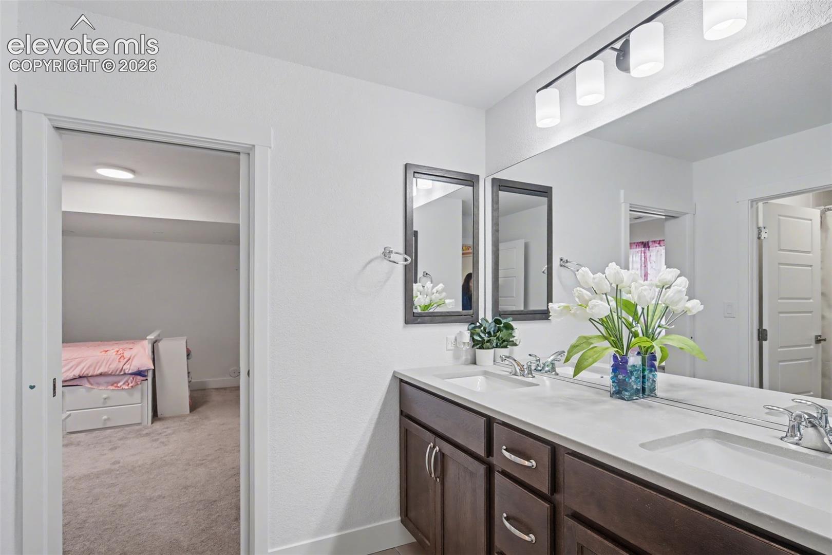 Bathroom with double vanity, connected bathroom, and light colored carpet