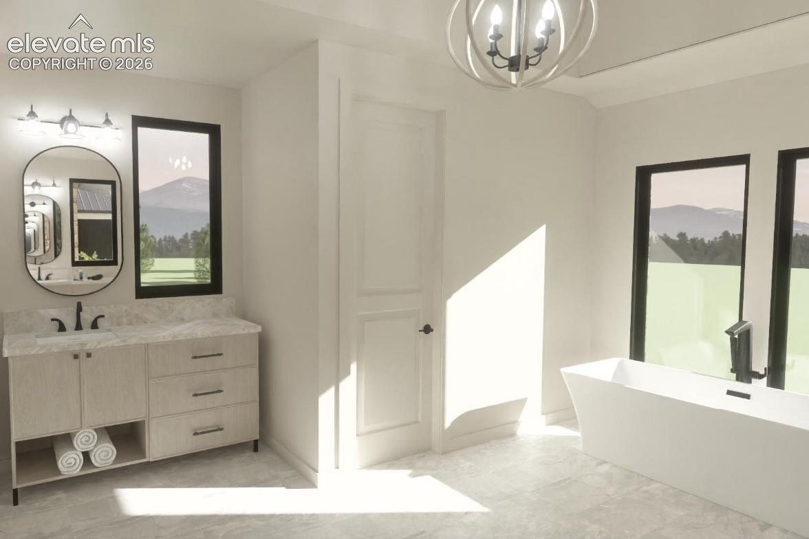 Freestanding soaking tub, dual black-framed windows, vanity with integrated sink, black hardware, and an orb chandelier