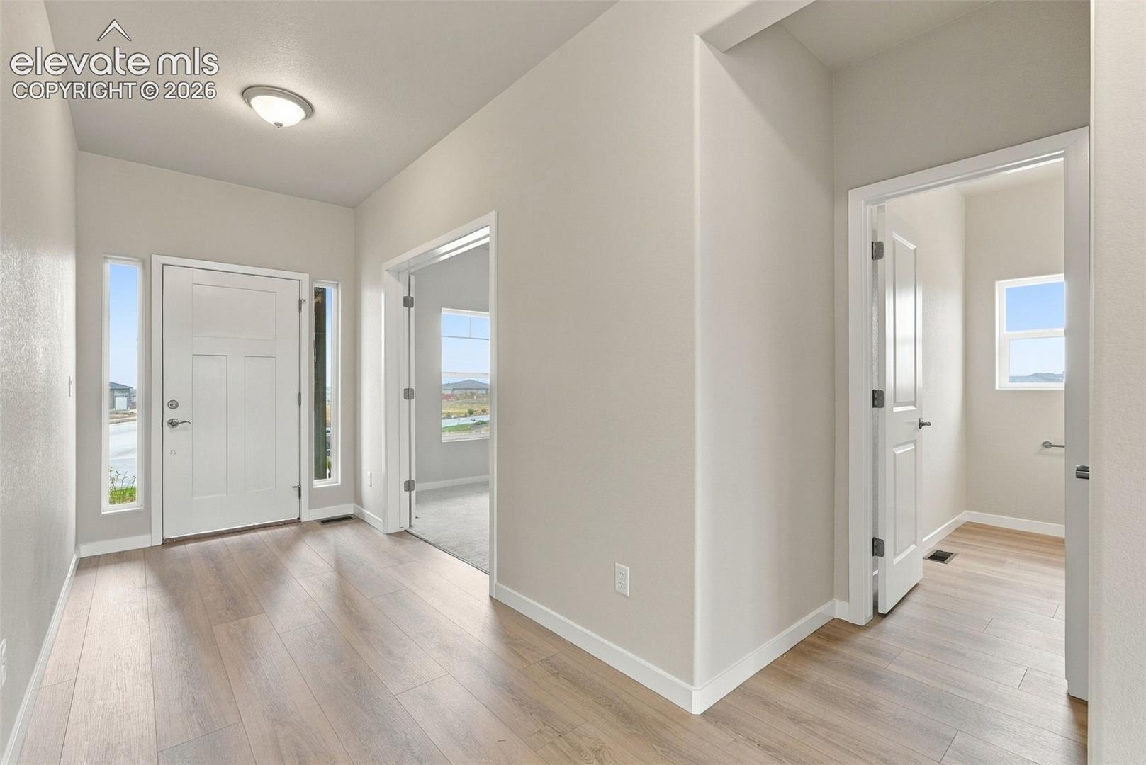 Entryway featuring wood-finish flooring, a paneled front door with flanking sidelights, flush-mount ceiling lighting, and interior doors with brushed nickel hardware