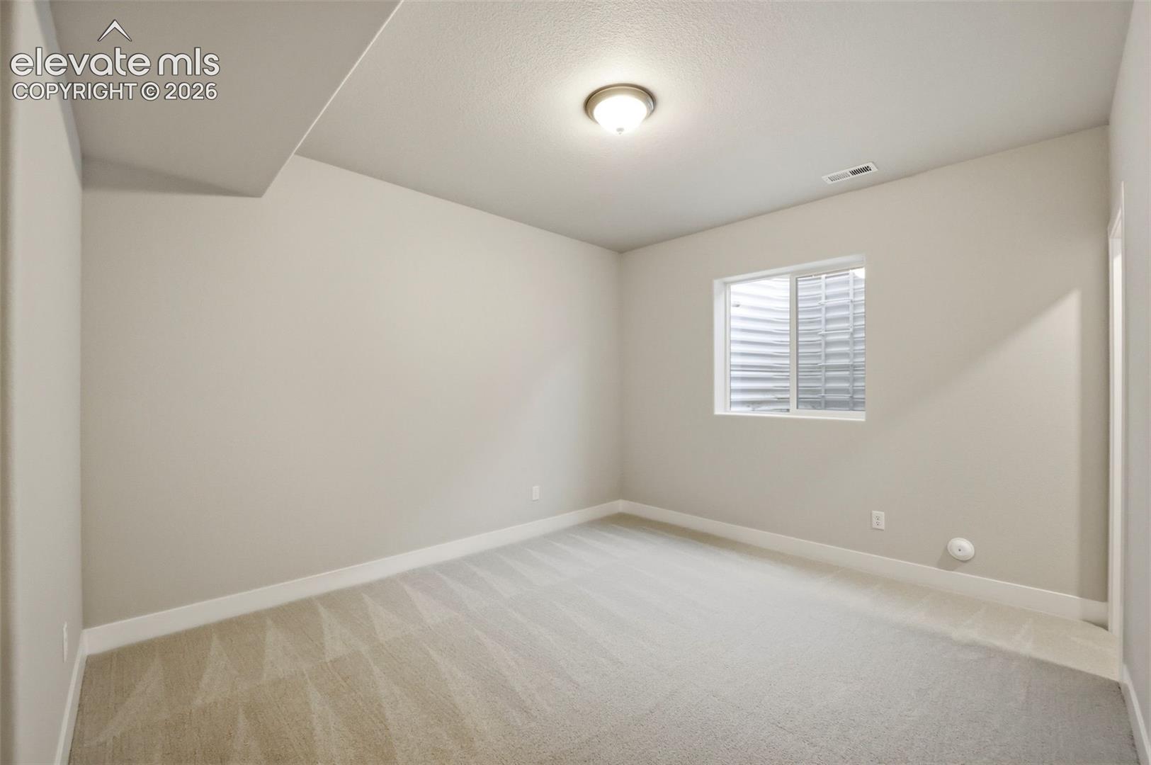 Neutral-toned interior room featuring wall-to-wall carpeting, a flush-mount ceiling light fixture, and an egress window with a window well