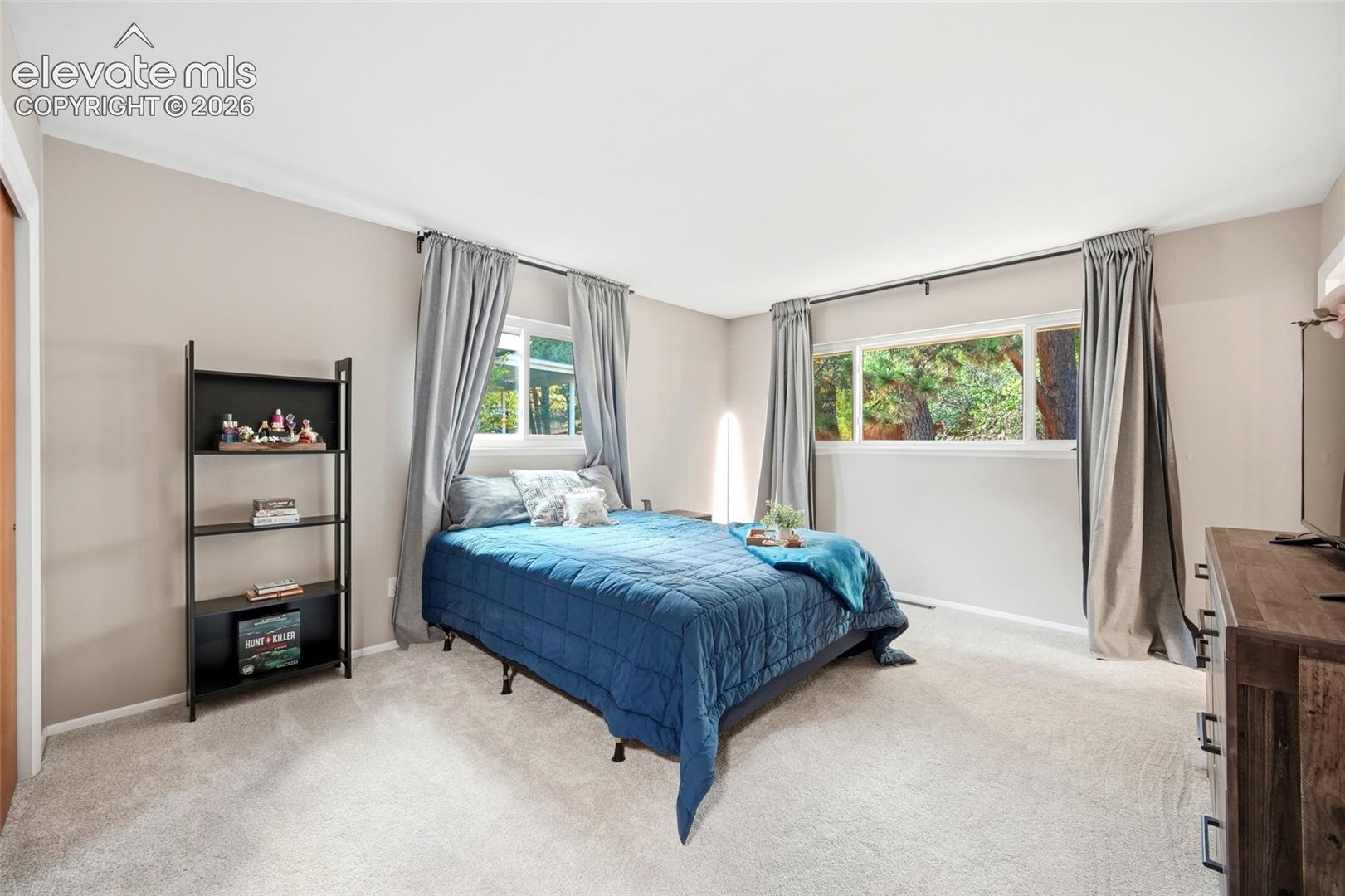 Neutral wall color, wall-to-wall carpeting, and large dual-pane windows with horizontal white frames