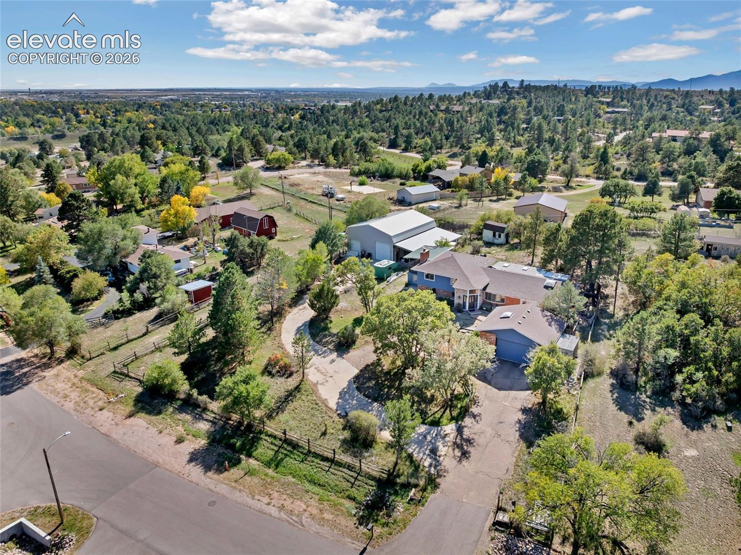 Expansive lot with mature trees, a curved driveway, and multiple outbuildings