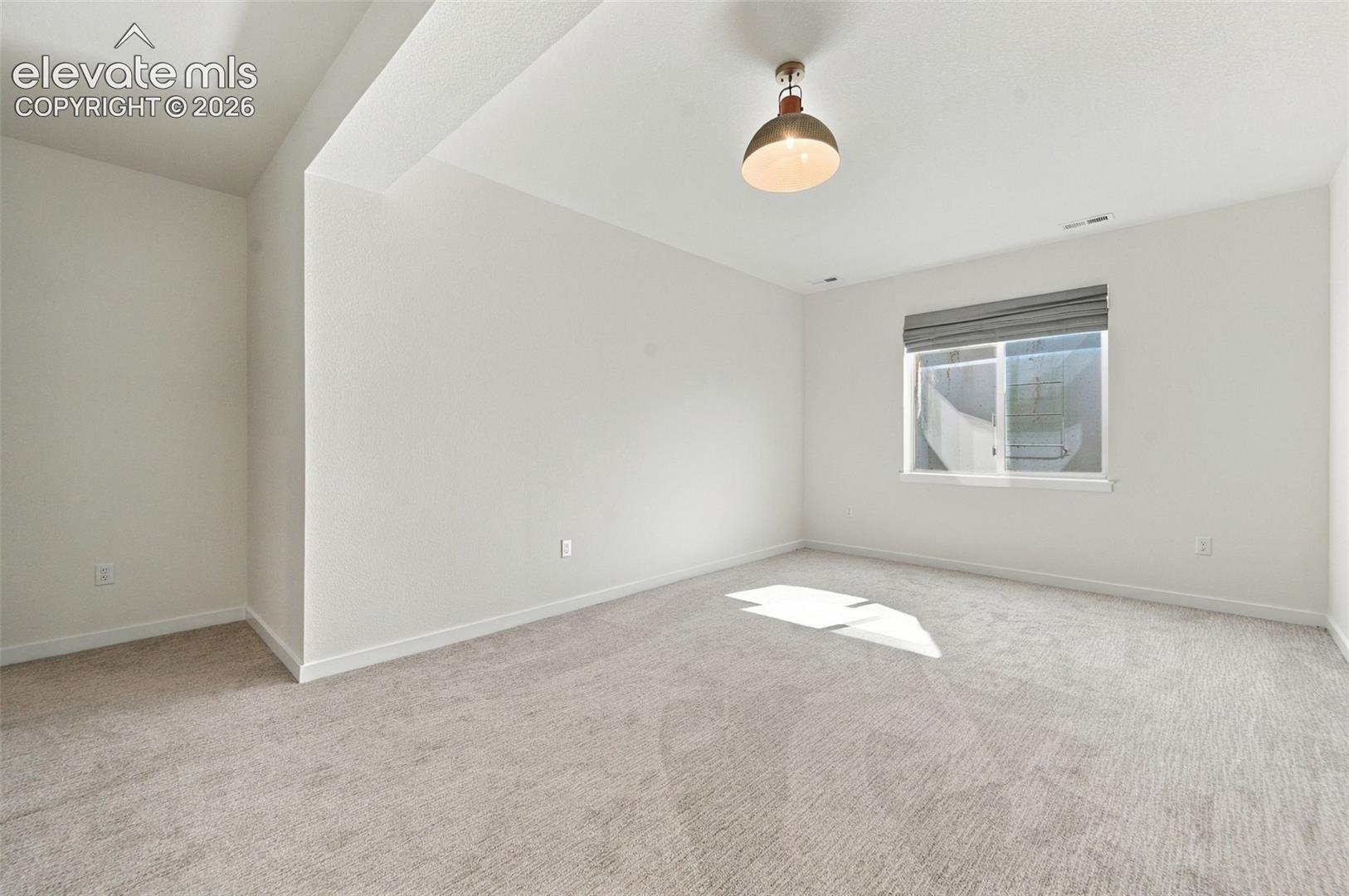 Neutral-toned carpeting, recessed ceiling architectural detail, and a modern dome-style pendant light fixture