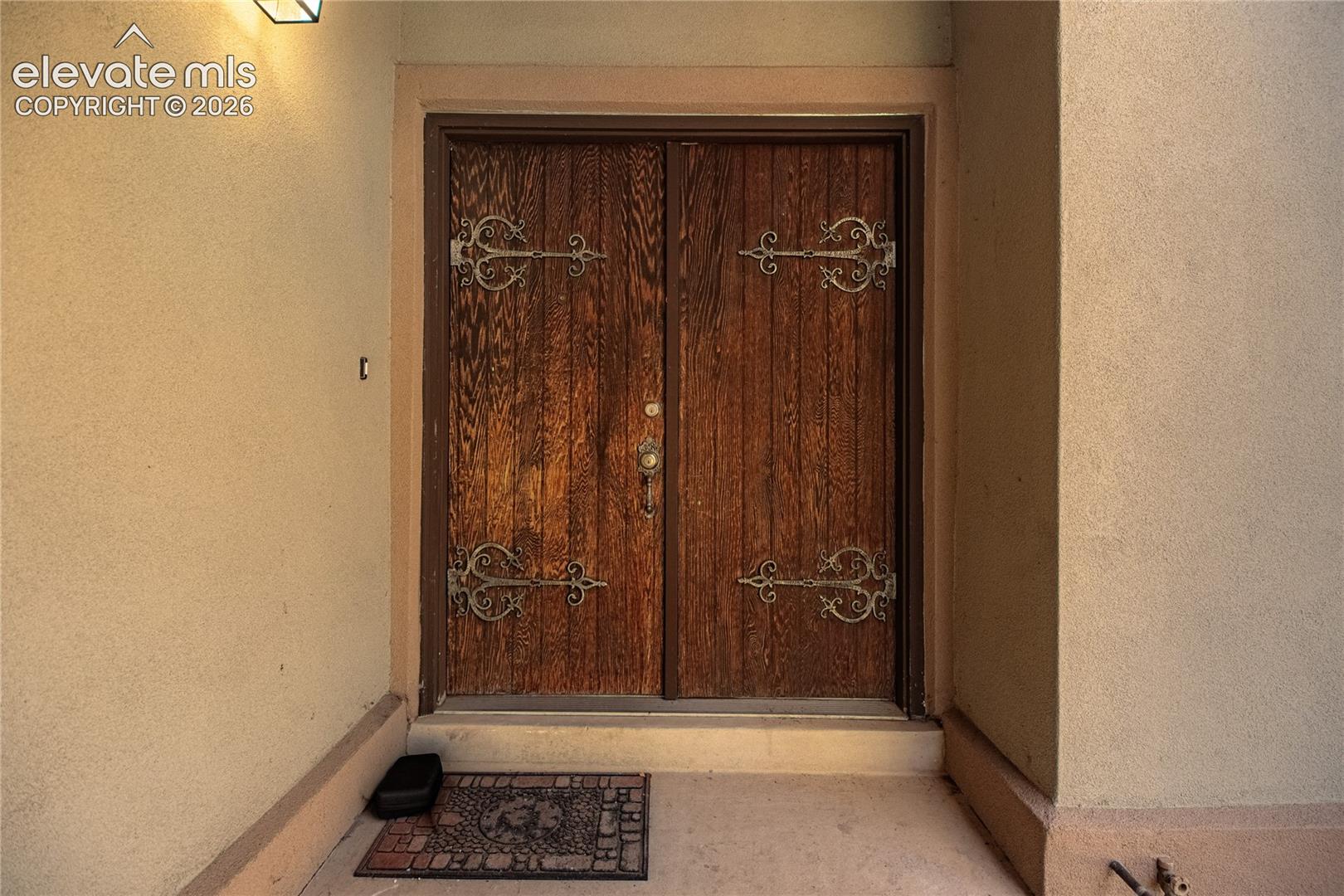 Double entry doors with vertical wood-finish paneling, decorative metal strap hinges, and a central metal knob