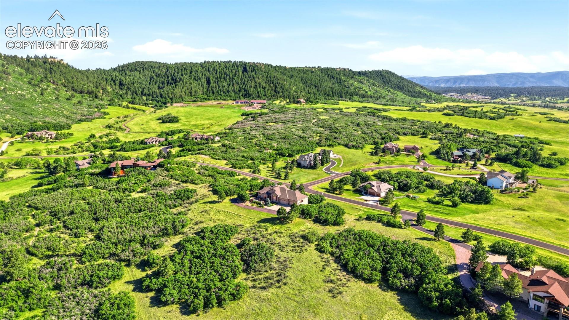 Expansive green landscape with scattered residential properties, bordered by dense forest and distant mountains