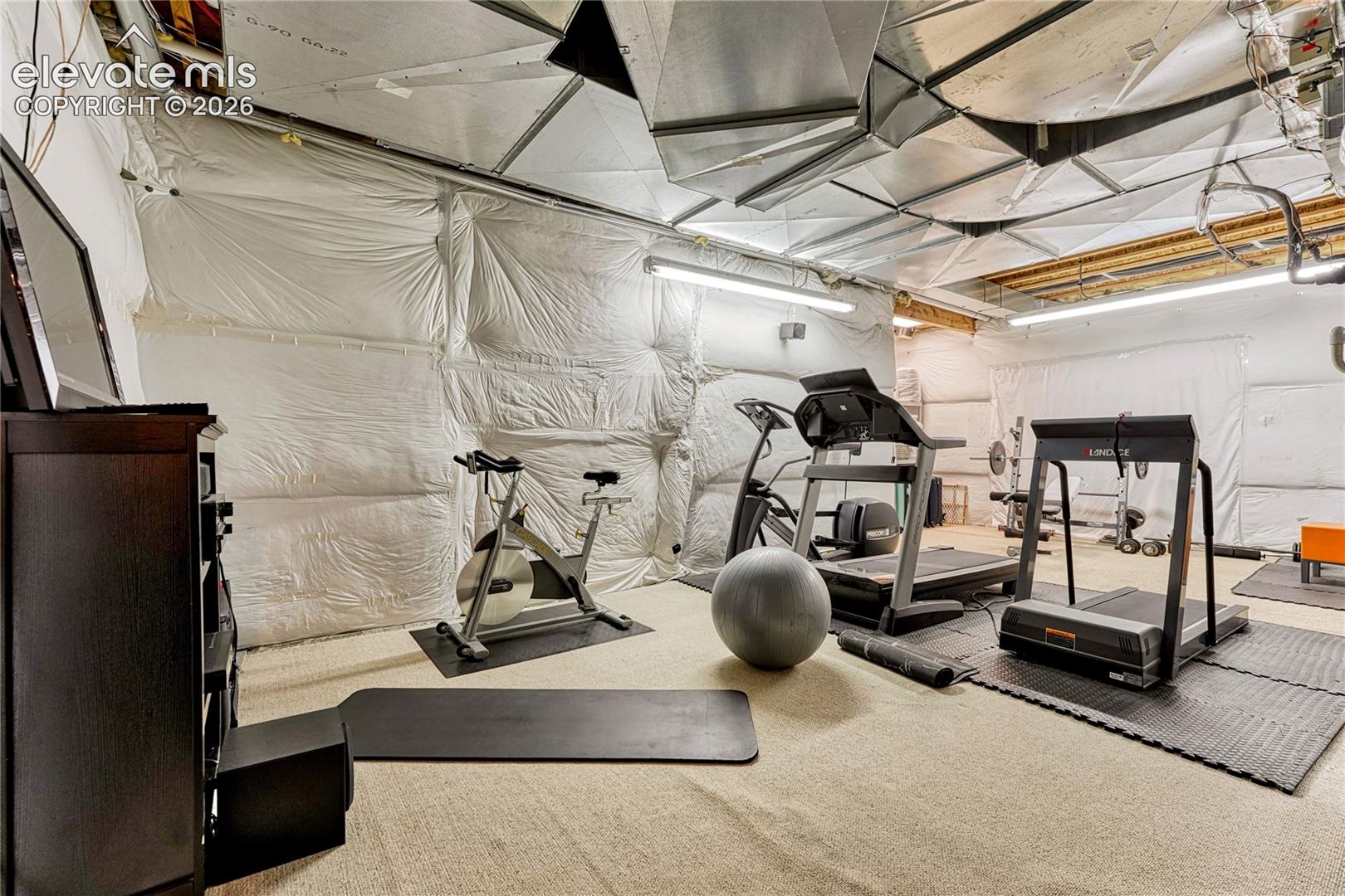 Unfinished utility area featuring white vapor barrier wall insulation, exposed metal ductwork, linear fluorescent lighting, and wall-to-wall carpeting