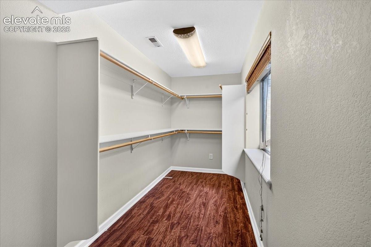 Walk-in closet with wood-finish flooring, built-in shelving, and a window