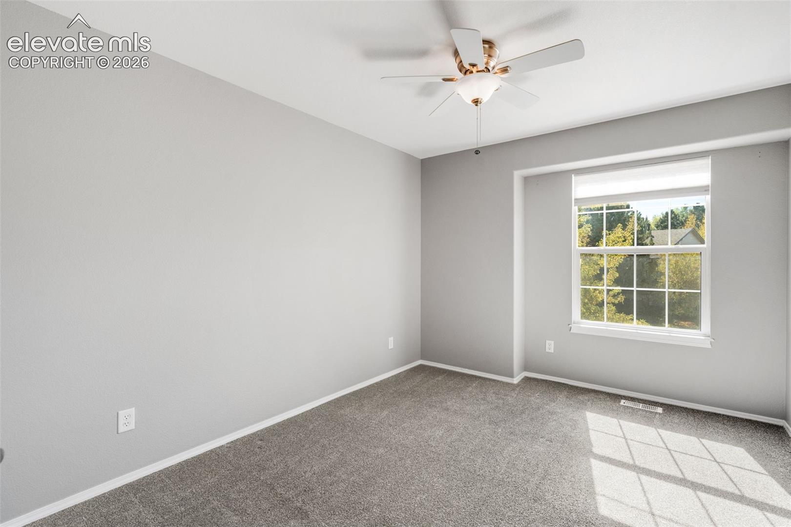 Room featuring neutral wall tones, plush wall-to-wall carpeting, a multi-pane window with a top-down shade, and a multi-blade ceiling fan with a central integrated light fixture