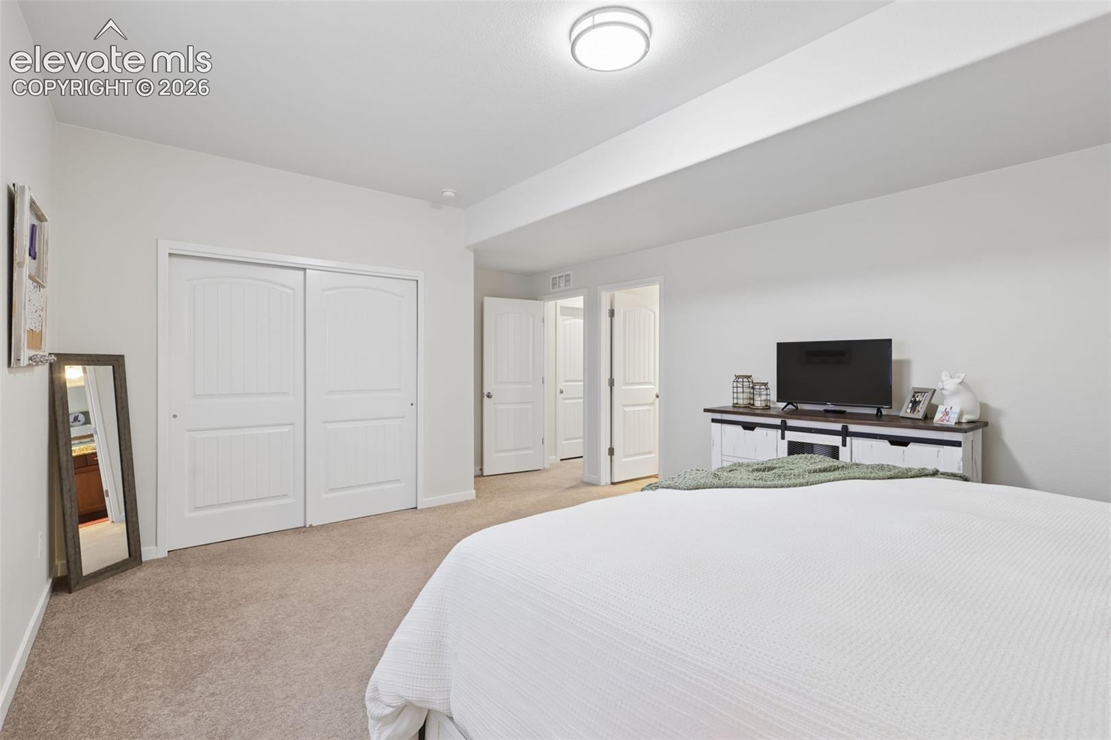 Wall-to-wall carpeting with light-toned walls, white trim, and a flush-mount ceiling light