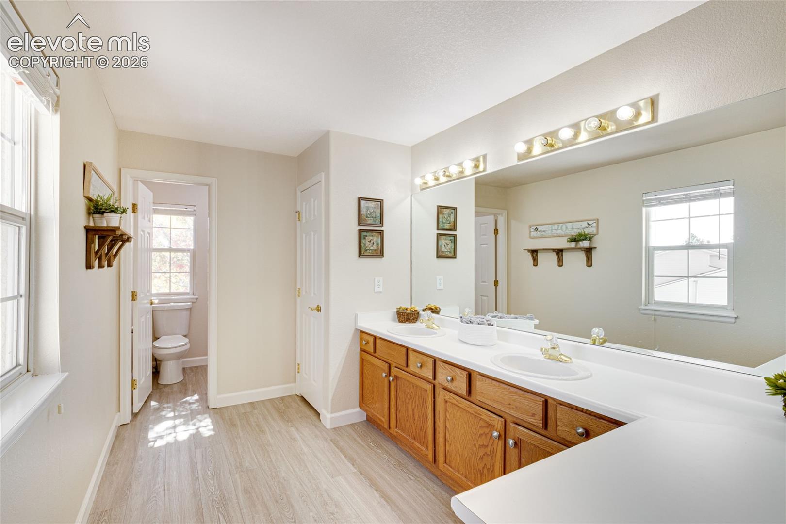 Double vanity with cabinetry, white countertops, integrated sinks, full-width wall mirror, and wood-finish flooring