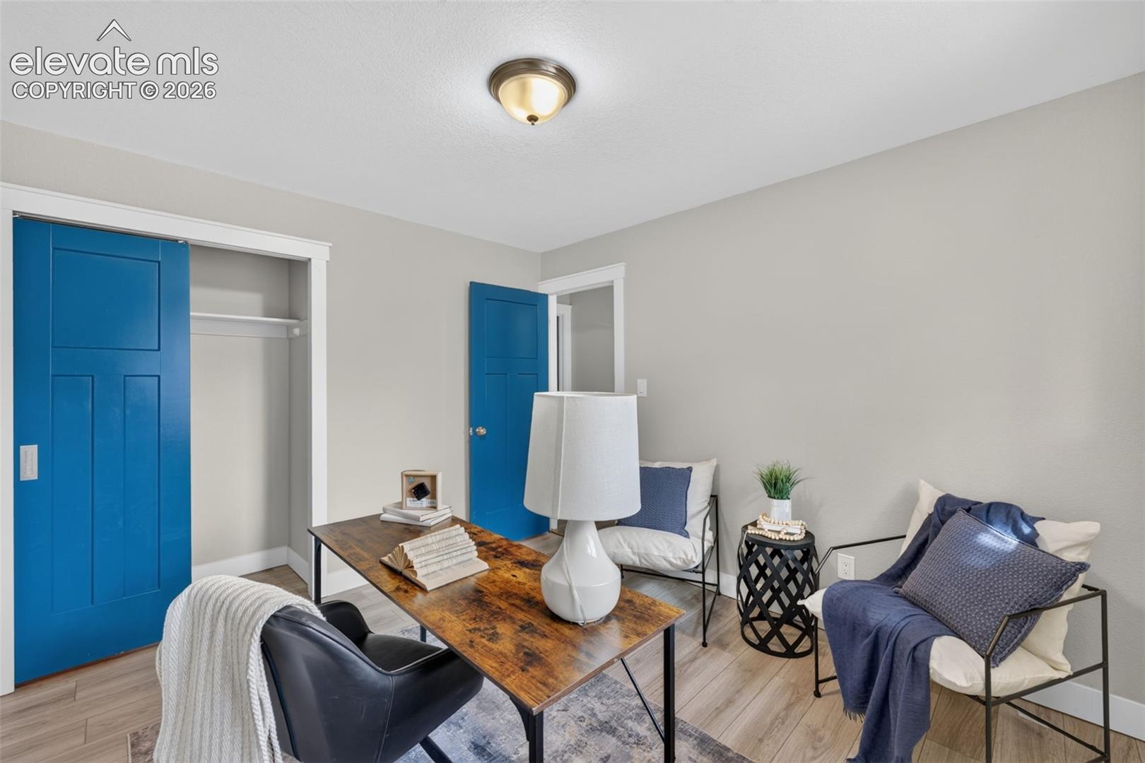 Interior space featuring wood-finish flooring, a sliding bypass closet door, a flush-mount light fixture, and contrasting painted doors
