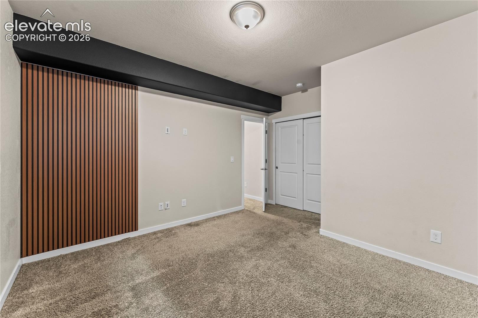 Room featuring vertical wood-slat accent wall, contrasting dark horizontal soffit, carpeted flooring, flush-mount ceiling lighting, and double-door closet