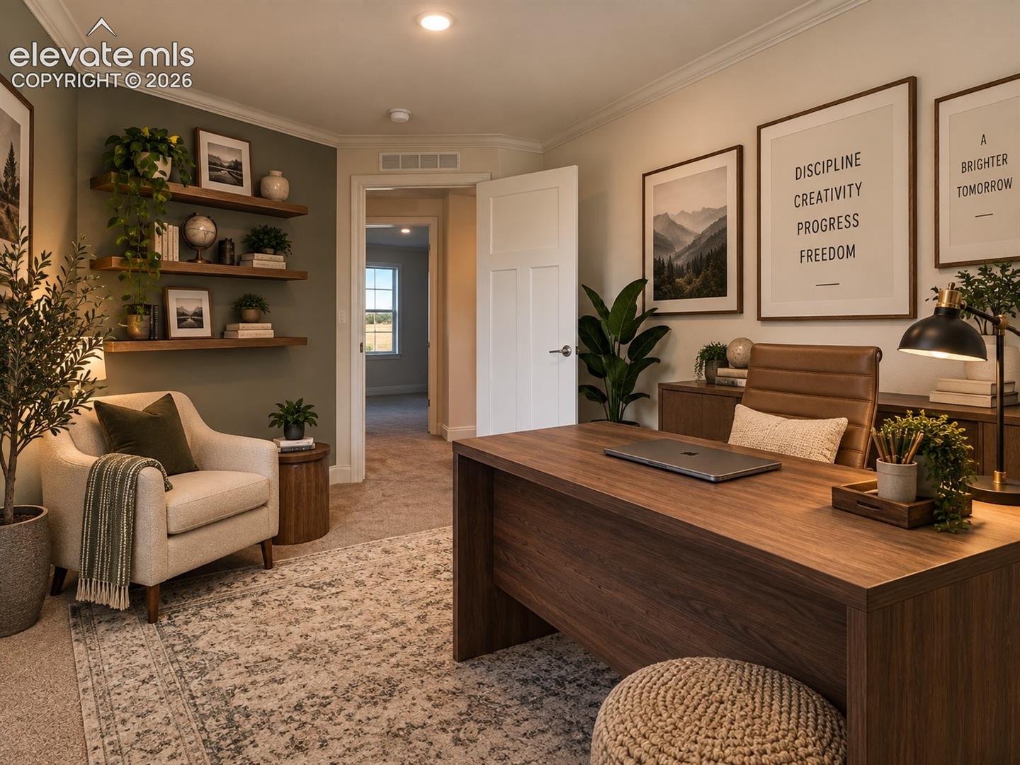 Bed Room / Office – Versatile carpeted room shown as a home office, offering ample space for a desk, seating, and storage while demonstrating an additional work-from-home or multipurpose option.
