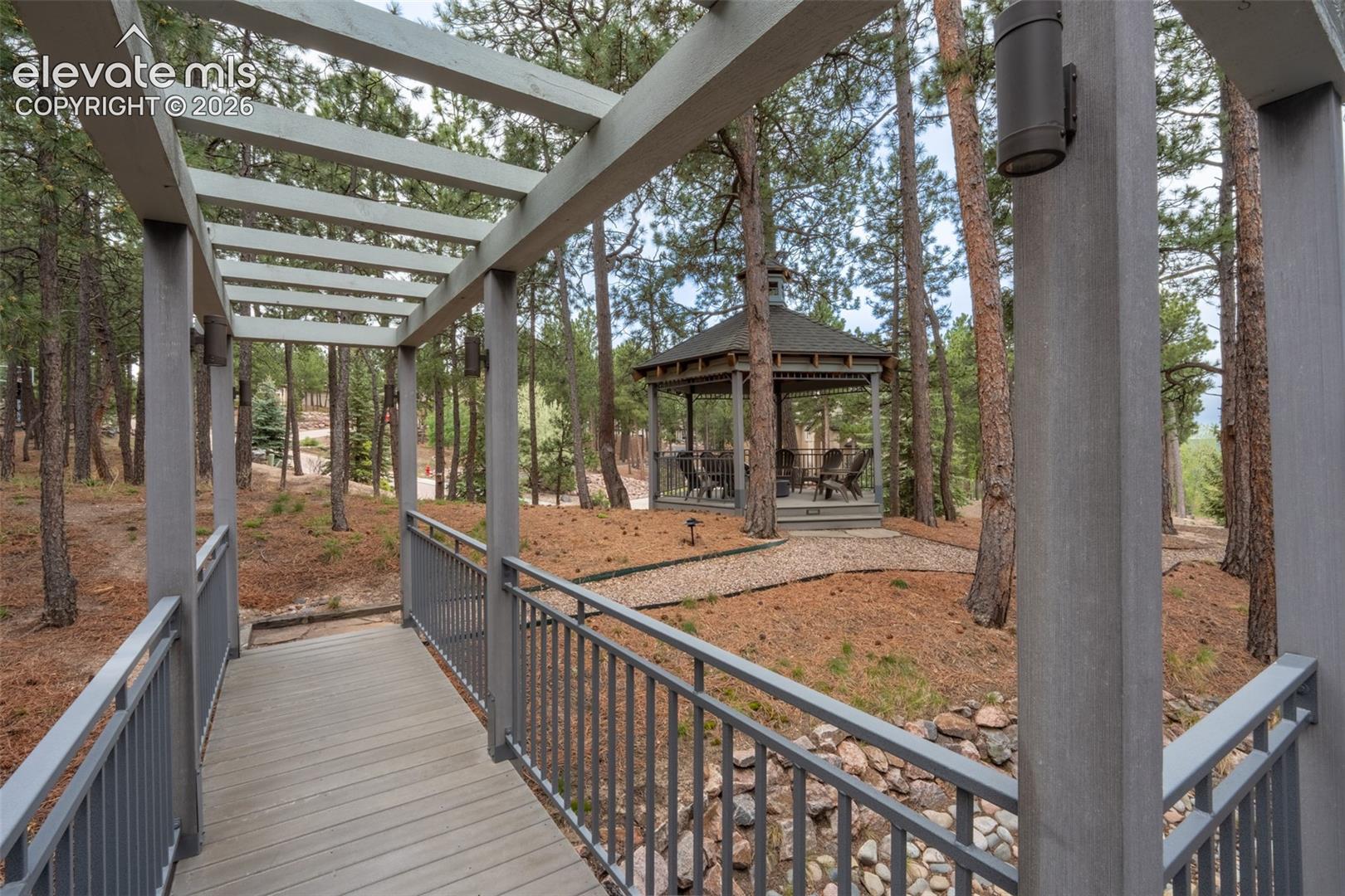 Back yard bridge to pergola sitting area