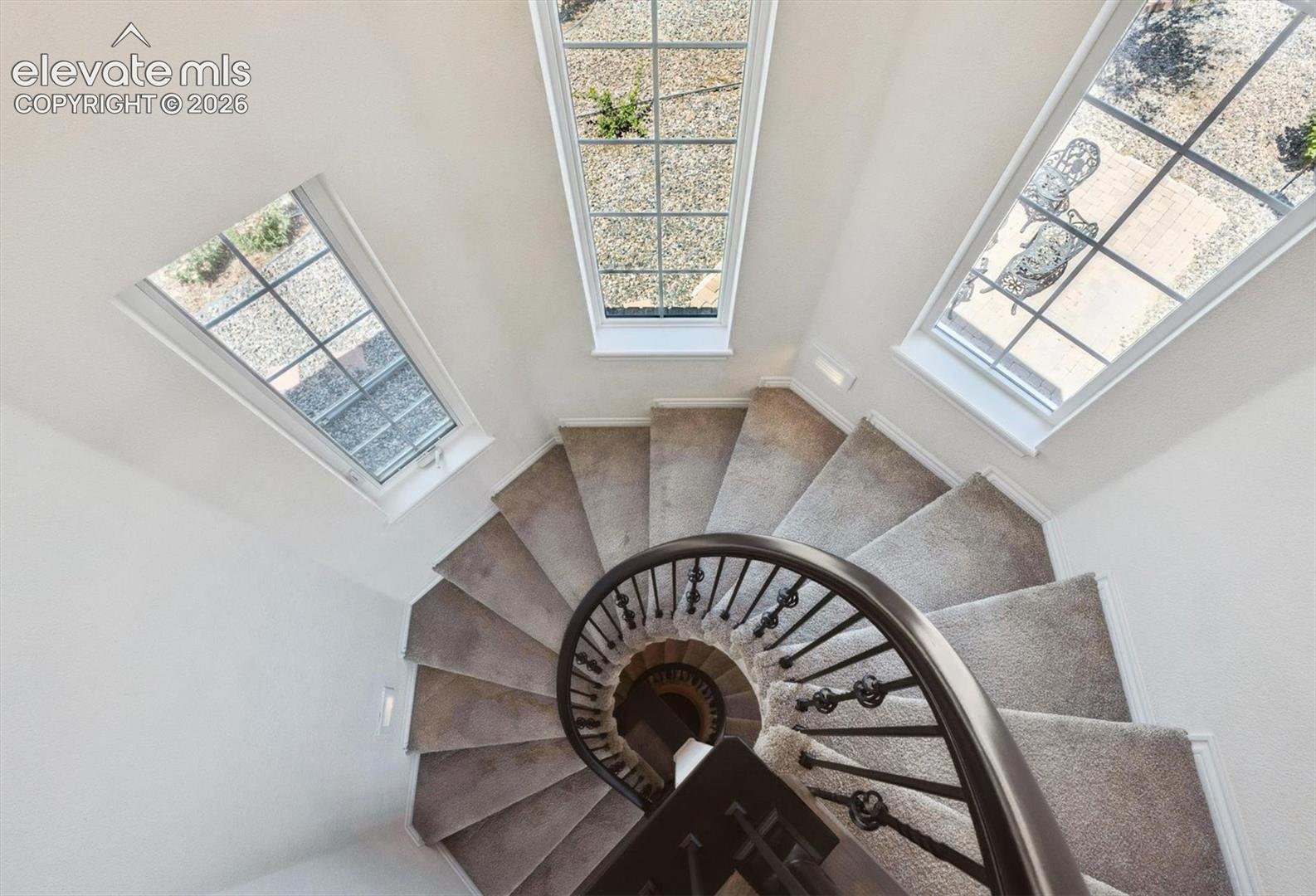 A carpeted, curving staircase spirals downward toward a central well. It features a dark wooden handrail supported by dark wrought-iron balusters with decorative twisted metal accents.
