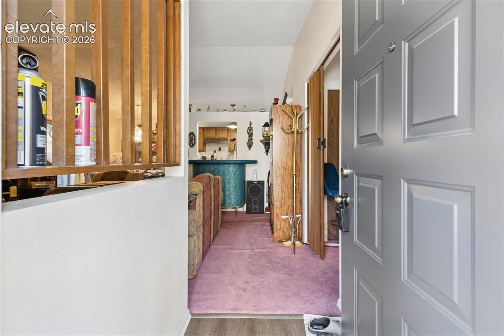 Entryway featuring a grey paneled door and vertical wood slat room divider