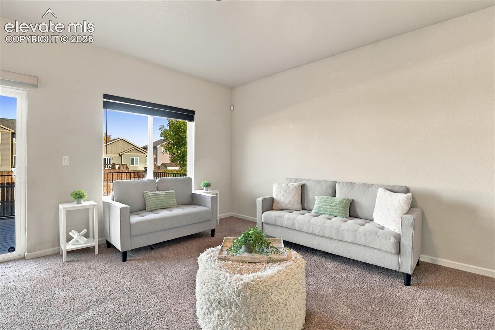 Neutral-toned walls, high ceilings, carpeted flooring, and a large window with a black roller shade