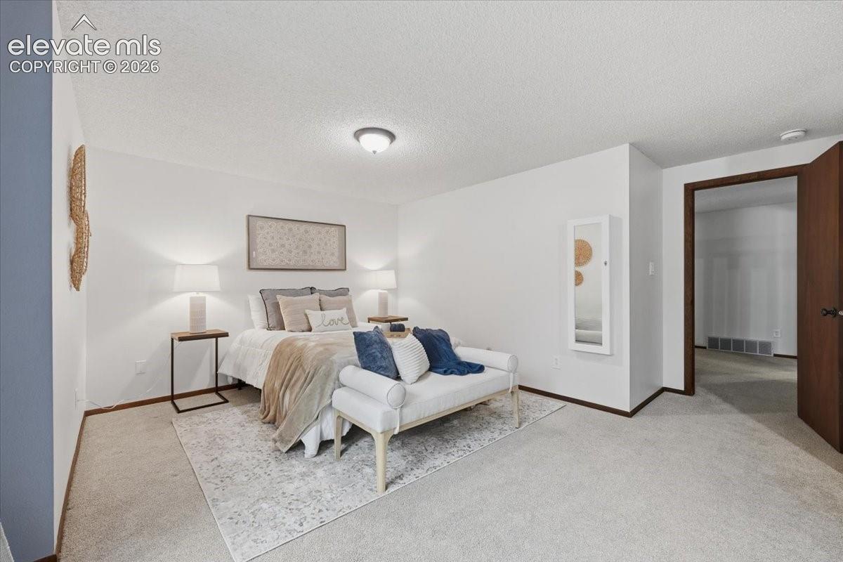 Neutral wall finishes with a ceiling mounted light fixture. Space for bed and seating area