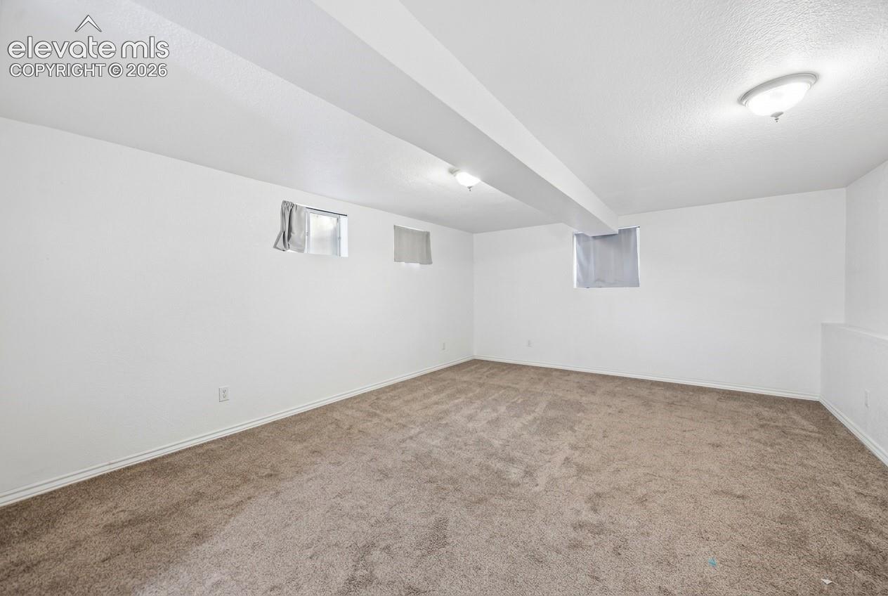 Spacious room with plush carpeting, neutral white walls, and flush-mount ceiling lighting