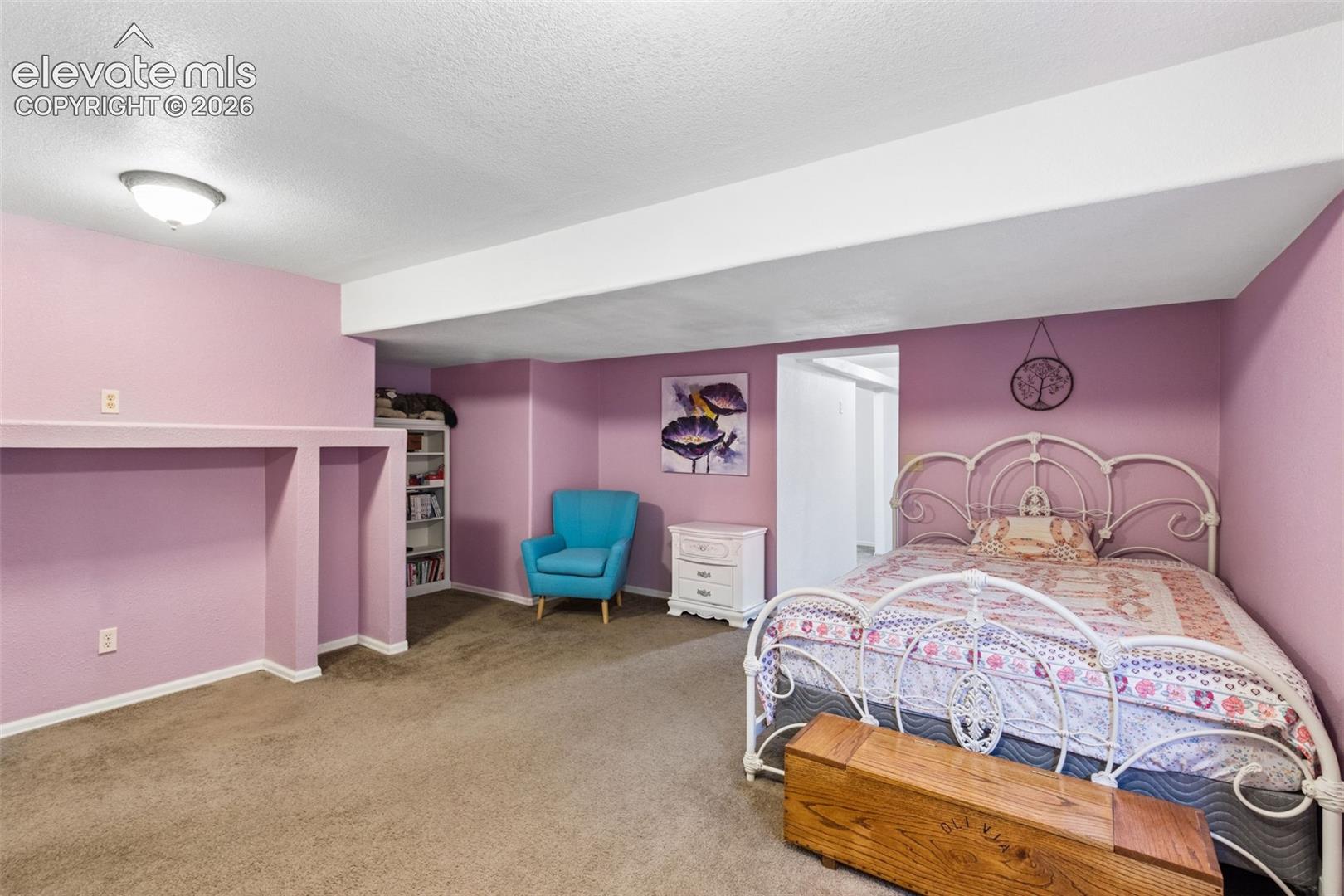 Interior space featuring carpeted flooring, built-in shelving, a recessed alcove, and a flush-mount light fixture