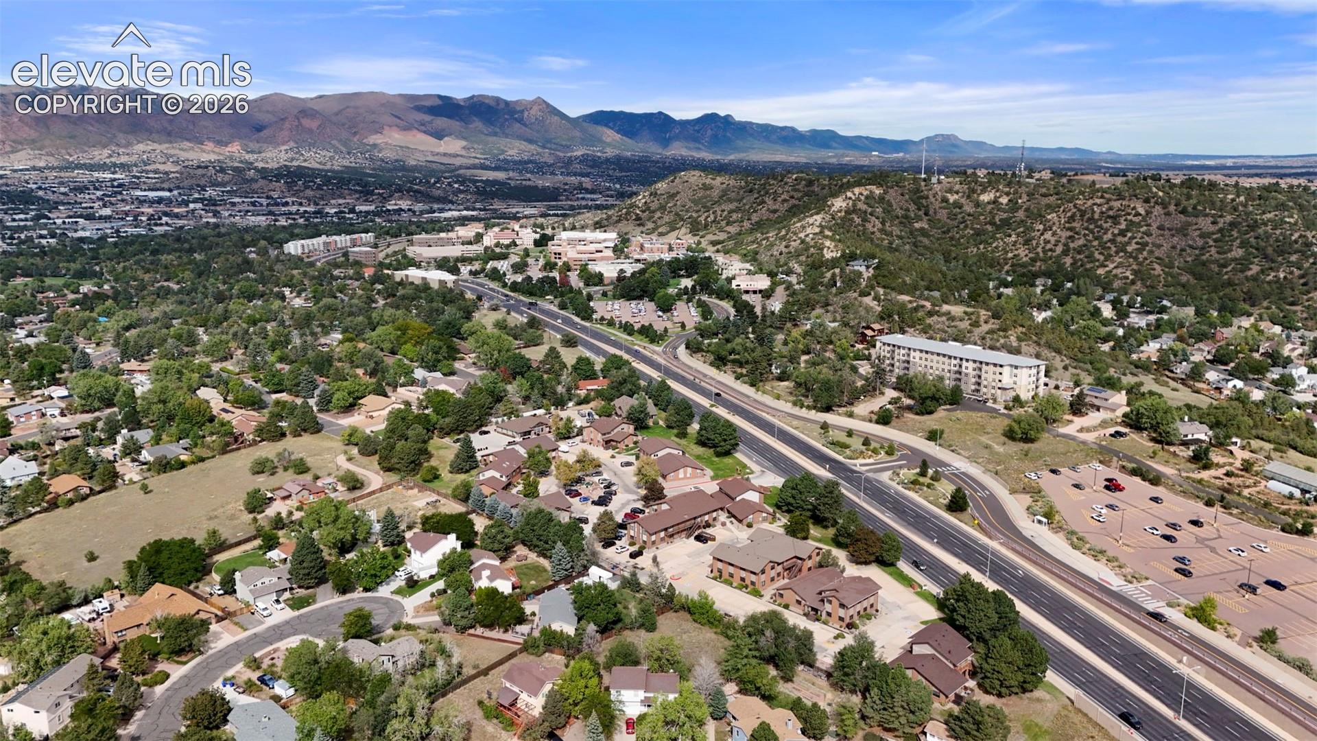 Aerial view showing UCCS campus on right side of Austin Bluffs.