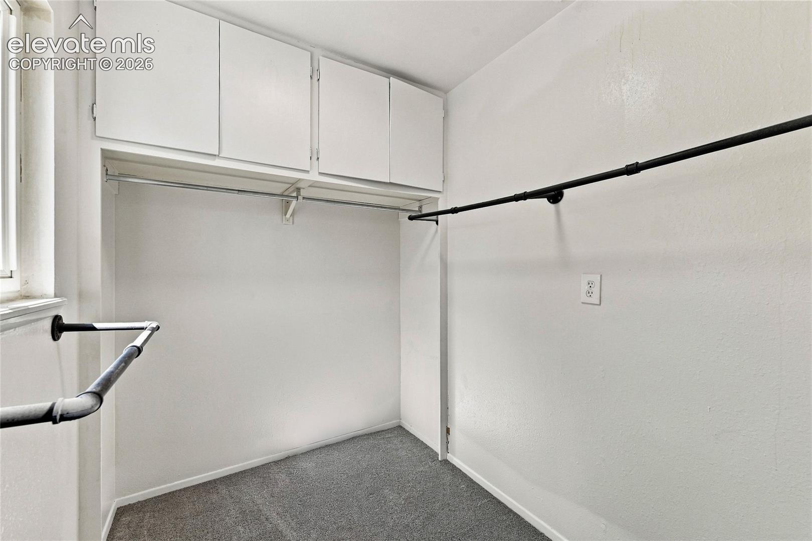Built-in white cabinetry, metal hanging rods, and carpeted flooring