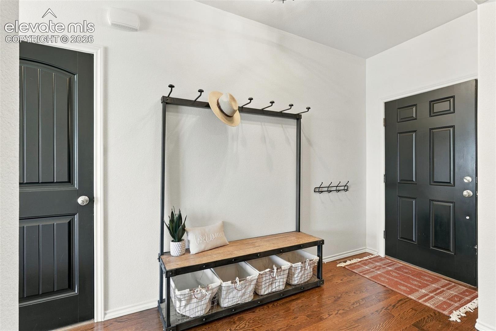 Entryway featuring black-paneled interior doors, wood-finish flooring, and industrial-style metal hardware