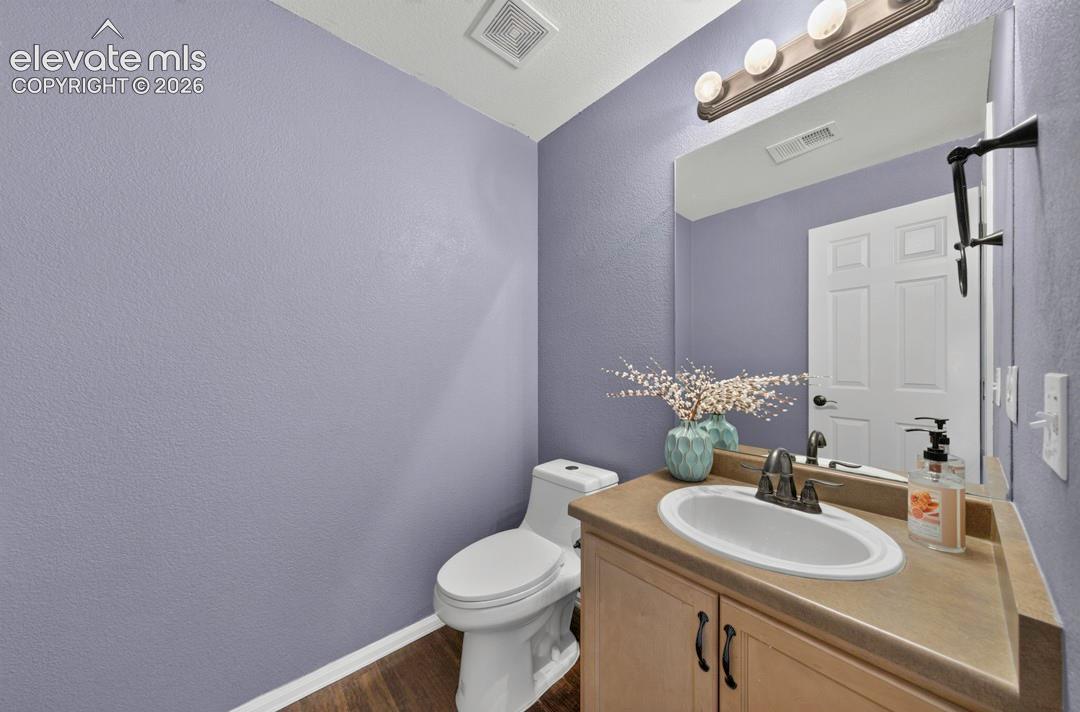 Bathroom featuring wood-finish flooring, vanity with an integrated oval basin, dark-finished hardware, full-width wall-mounted mirror, and three-bulb vanity lighting