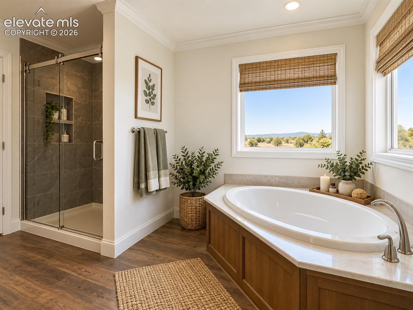 Primary Bathroom – Bright primary bath features a soaking tub beneath large windows, a separate glass-enclosed shower, warm wood cabinetry, and wood-look flooring.