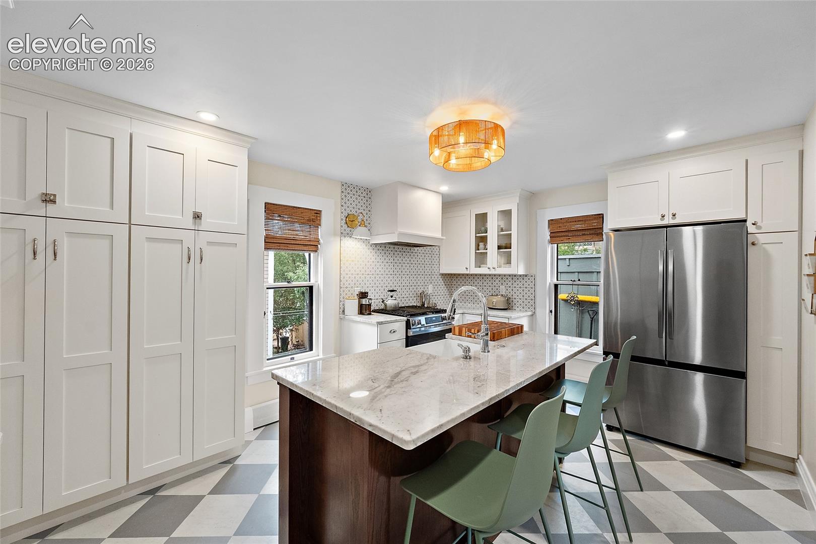 Natural quartzite countertops, Marmoleum flooring