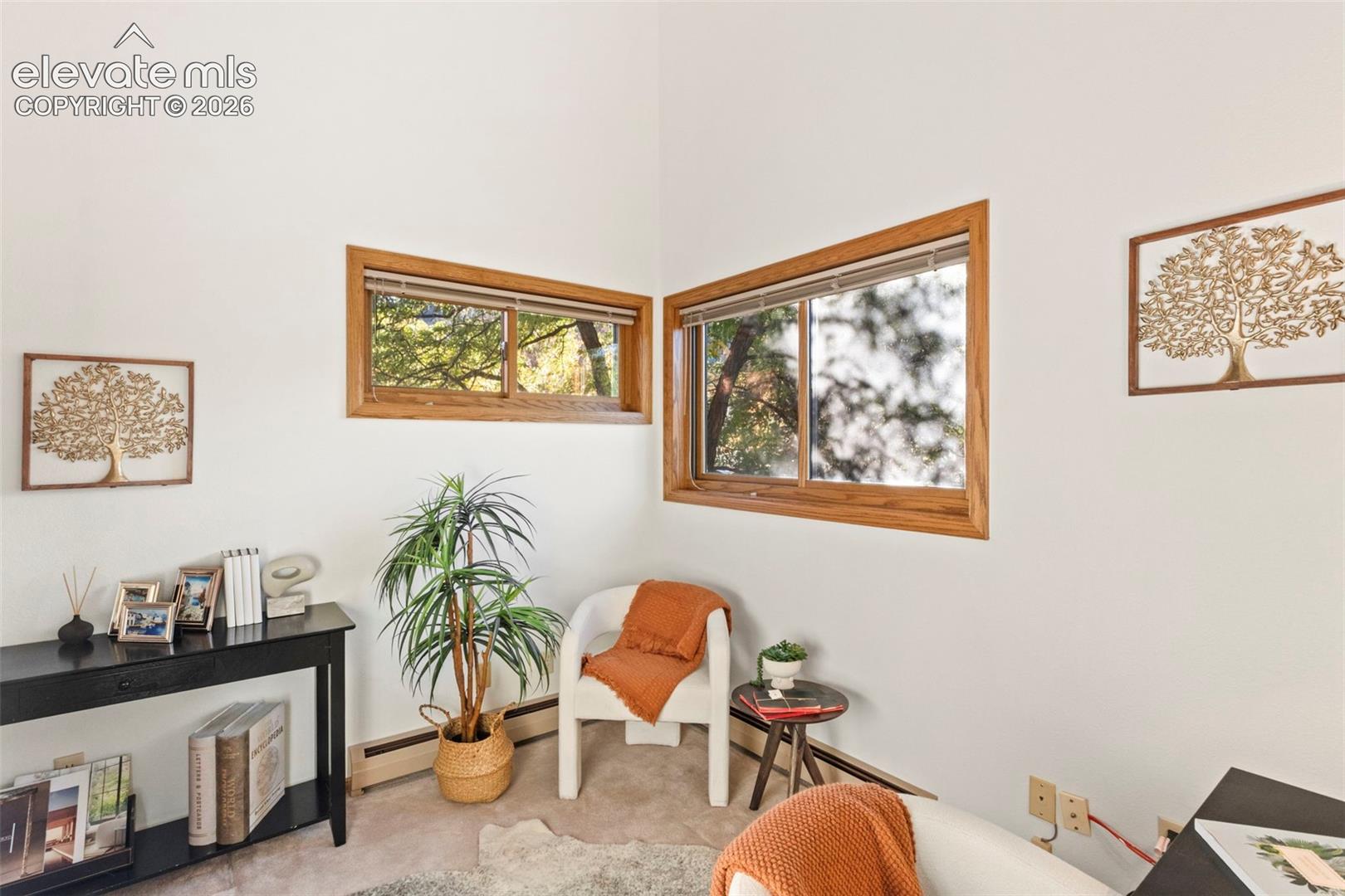 High-ceiling room featuring white walls and two sliding windows framed in natural wood