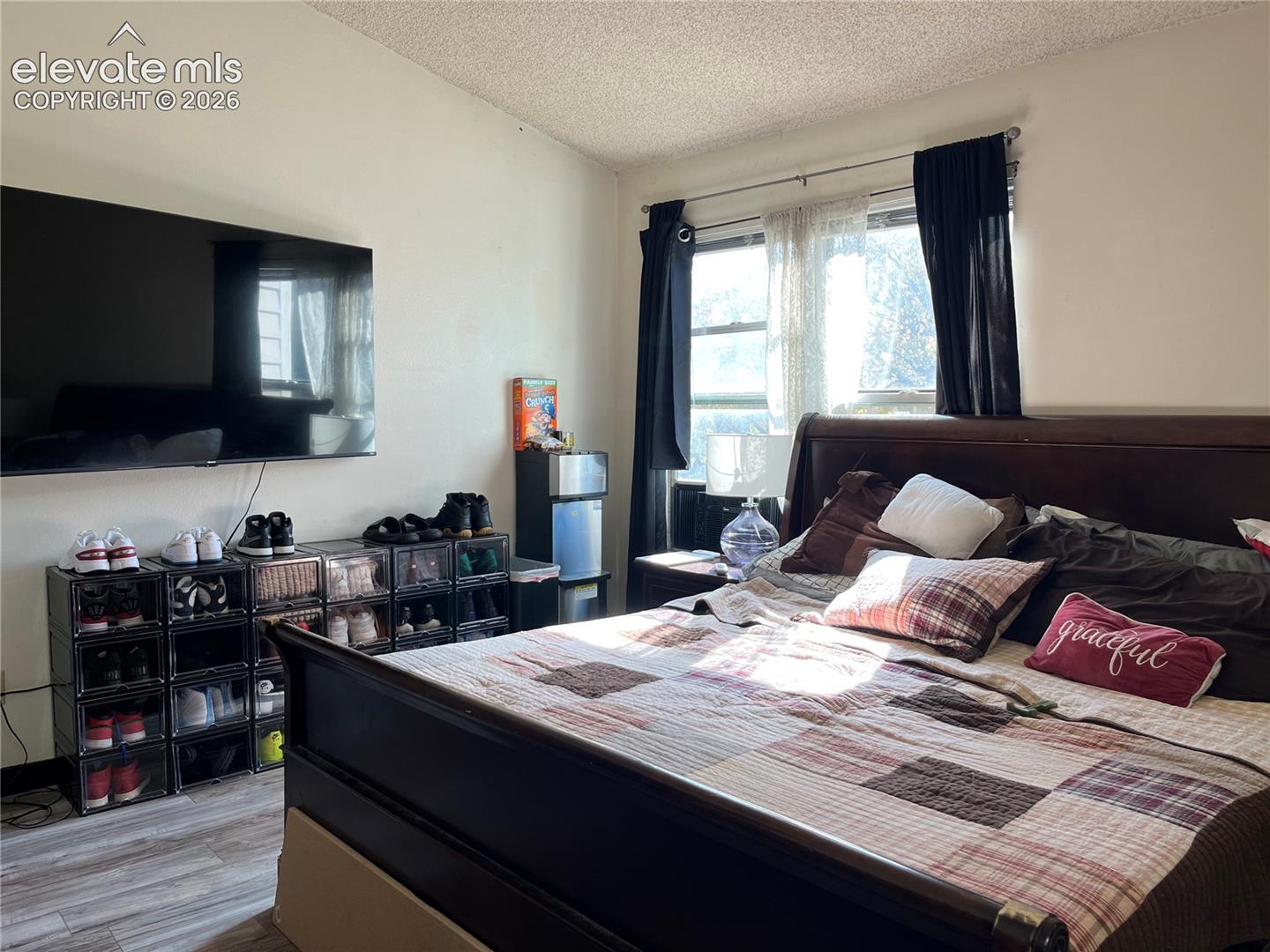 Bedroom featuring wood-finish flooring and a multi-pane window