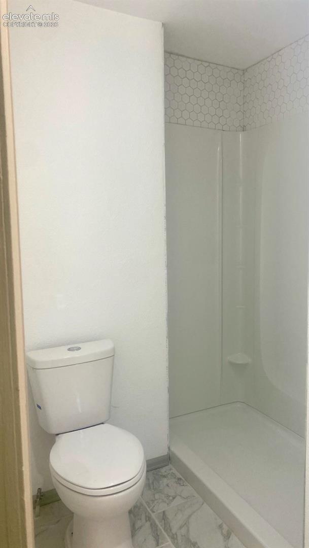 White ceramic toilet, hexagonal tile detailing, and a shower stall with integrated shelving