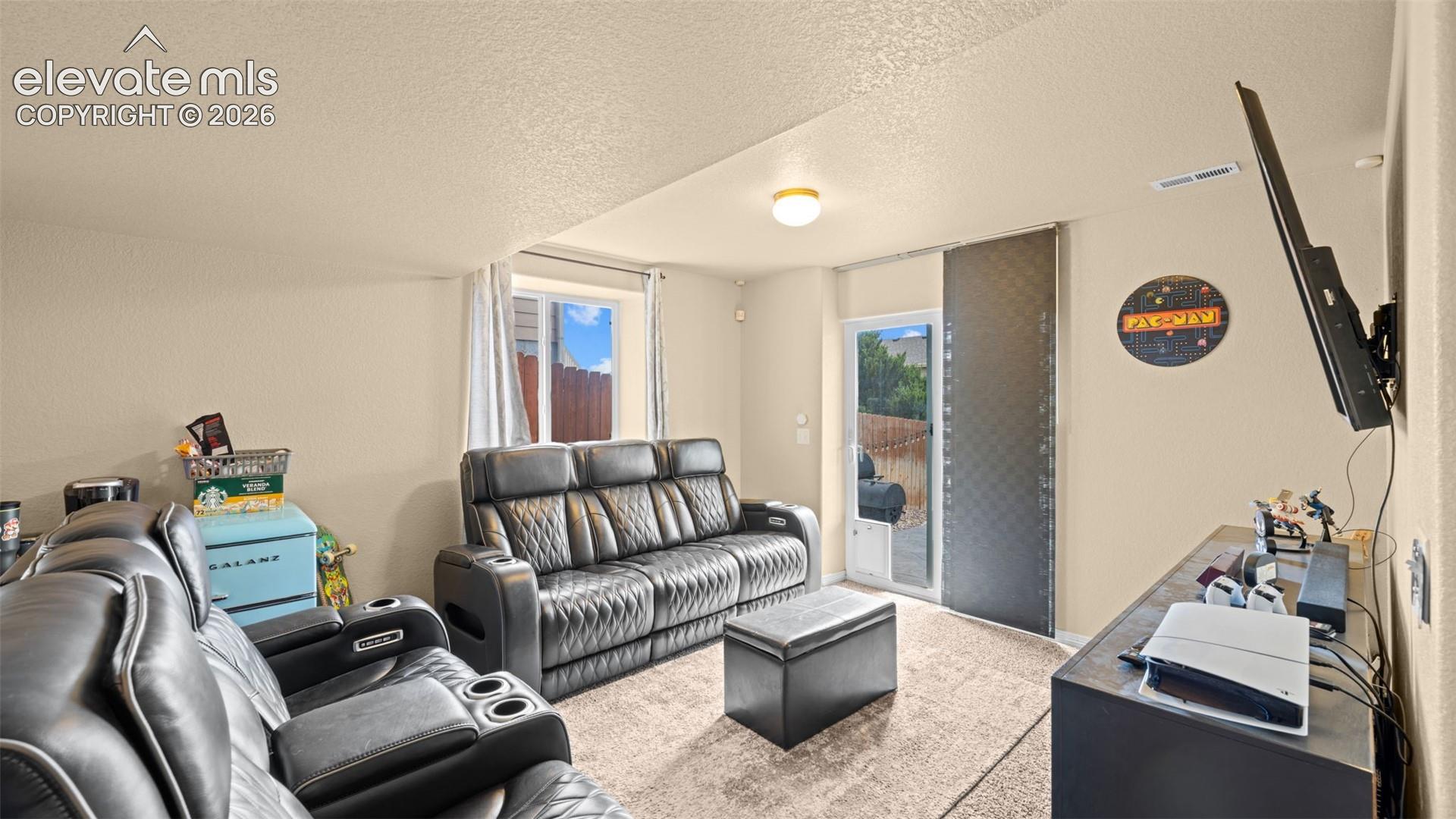 Carpeted media room with a ceiling-mounted light fixture, a window with vertical blinds, and a glass sliding door