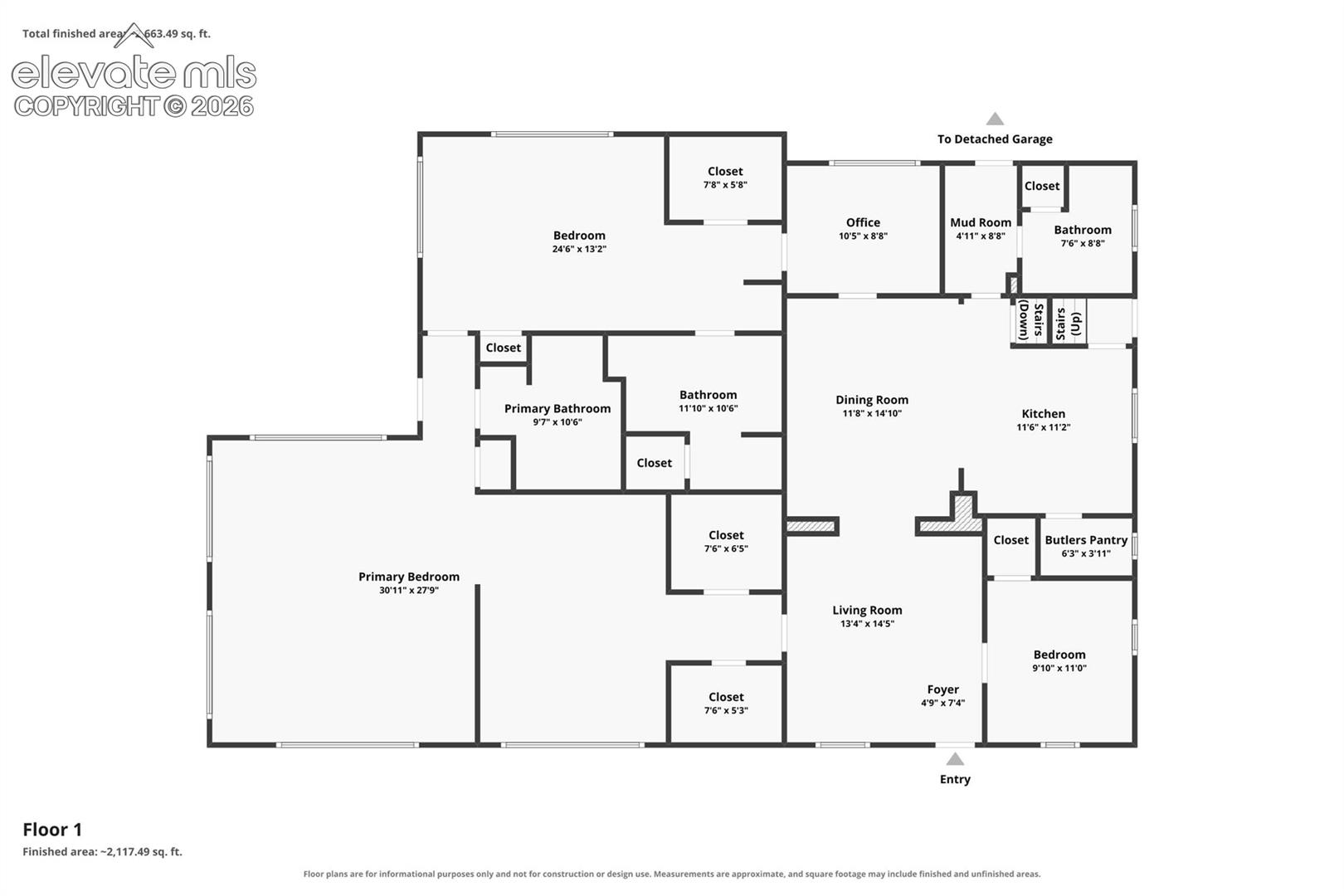 Main Floor with 3 bedrooms, 3 baths, office, kitchen, pantry, and 2 living spaces