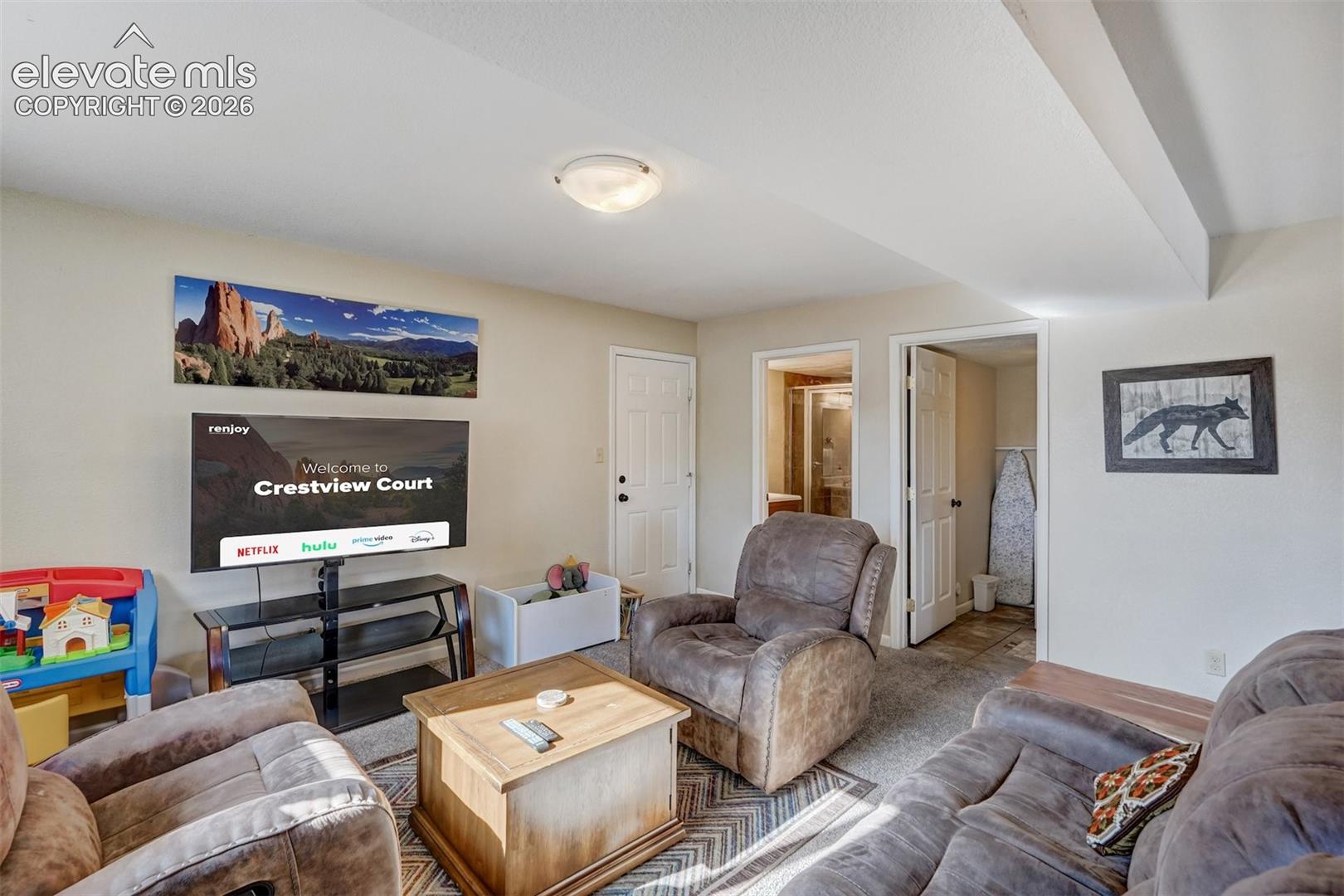 Carpeted living area with light-toned wall paint and an overhead flush mount light fixture